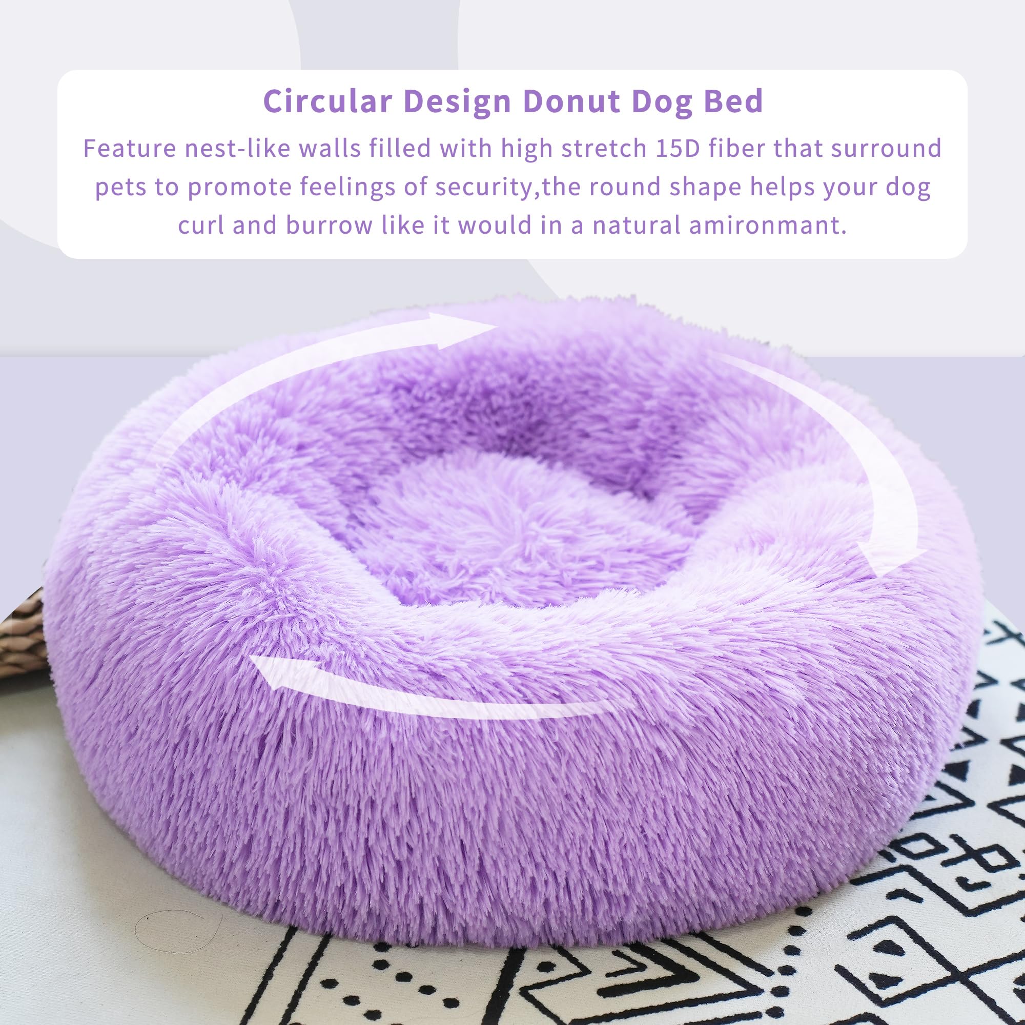 Purple Dog Bed For Small Dogs 19 Inch Donut Cuddler Plush Cat Calming Bed With Machine Washable, Non-Slip Fluffy Dog & Cat Calming Cushion Bed For Joint-Relief And Sleep Improvement
