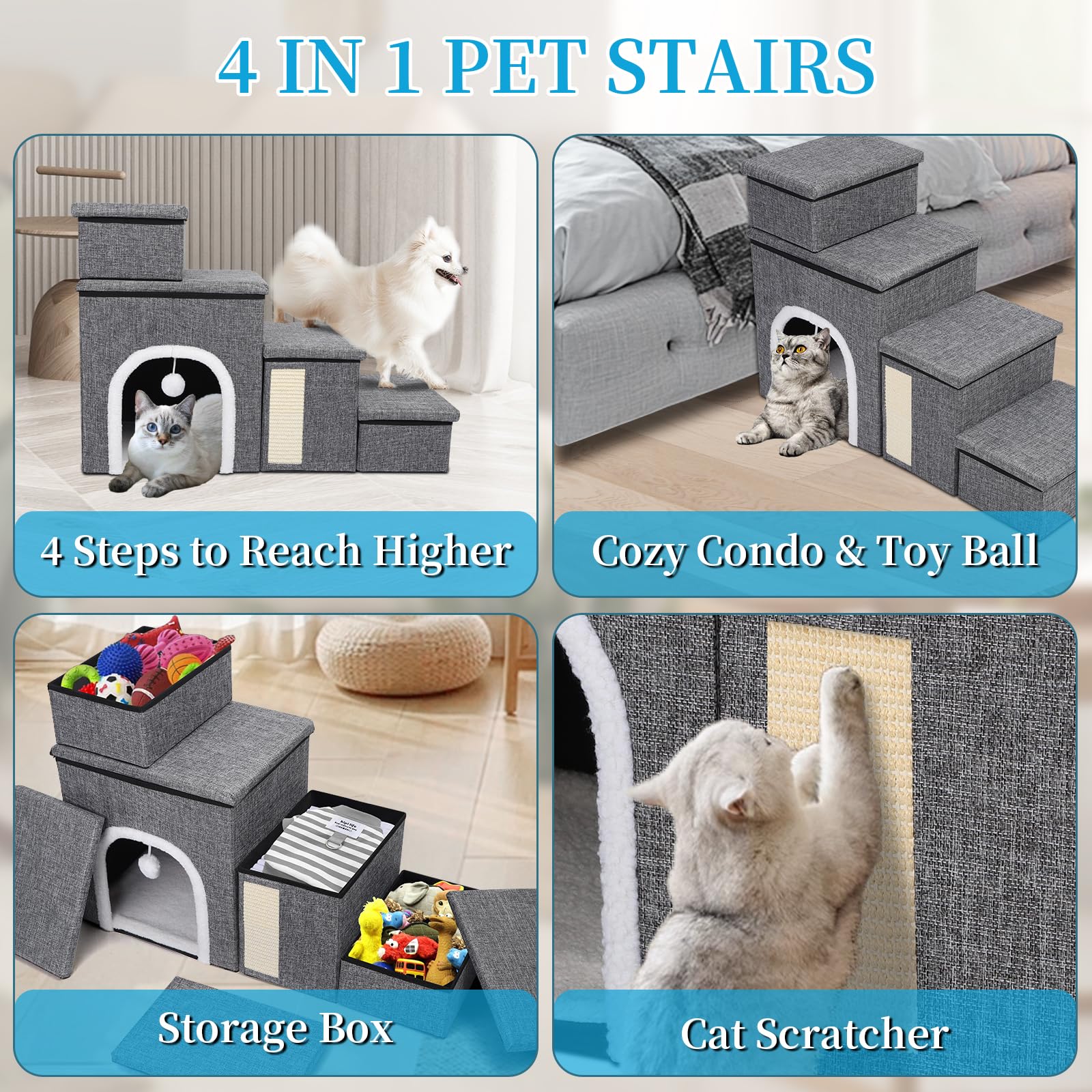 Dog Stairs For Bed And Couch 23H, Foldable Dog Stairs For Small Older Dogs, 4 In 1 Adjustable Pet Cat Steps Ramps With Storage,