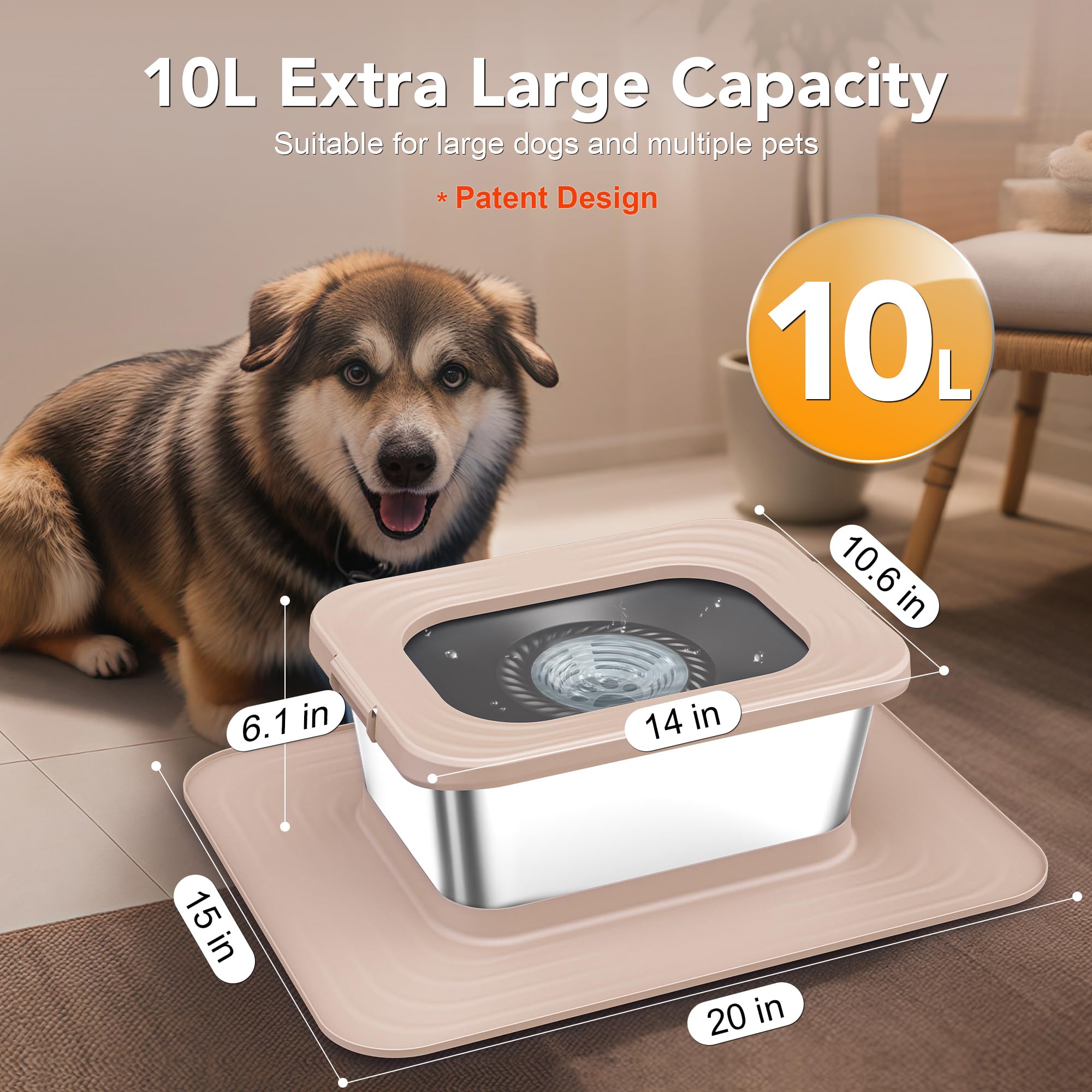 Decflow 10L Stainless Steel Dog Water Bowl, No Spill Anti-Splash Dog Bowls with XXL Silicone Mat, Spill-Proof Slow Feeder for Me