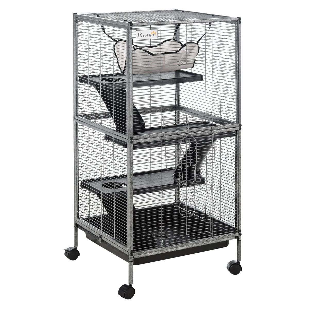 Pawhut Metal Small Animal Cage Rolling Big Ferret Cage, Chinchilla Cage, Sugar Glider Cage, With Hammock & 4 Tiers, Removable Tray, Gray