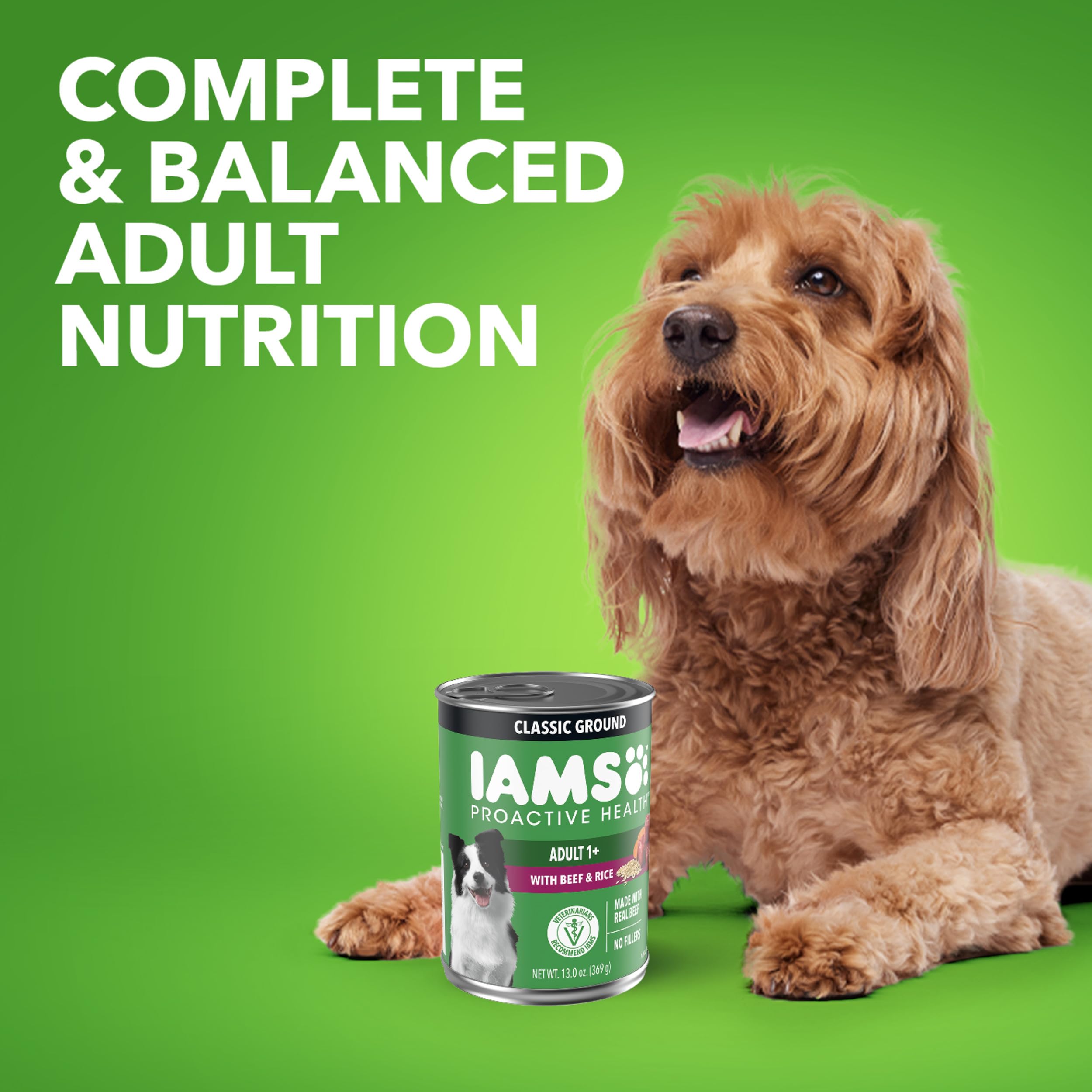 IAMS Proactive Health Adult Wet Dog Food Classic Ground with Beef and Rice, 13 oz. Cans, Pack of 12