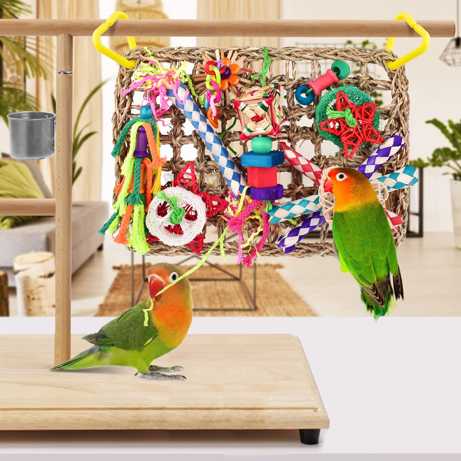 Katumo Bird Toys, Large-Sized Parrot Foraging Wall Grass Mat Conure Chewing Hanging Toys Cockatiel Climb Hammock Parakeet Toys For Small-Medium Birds