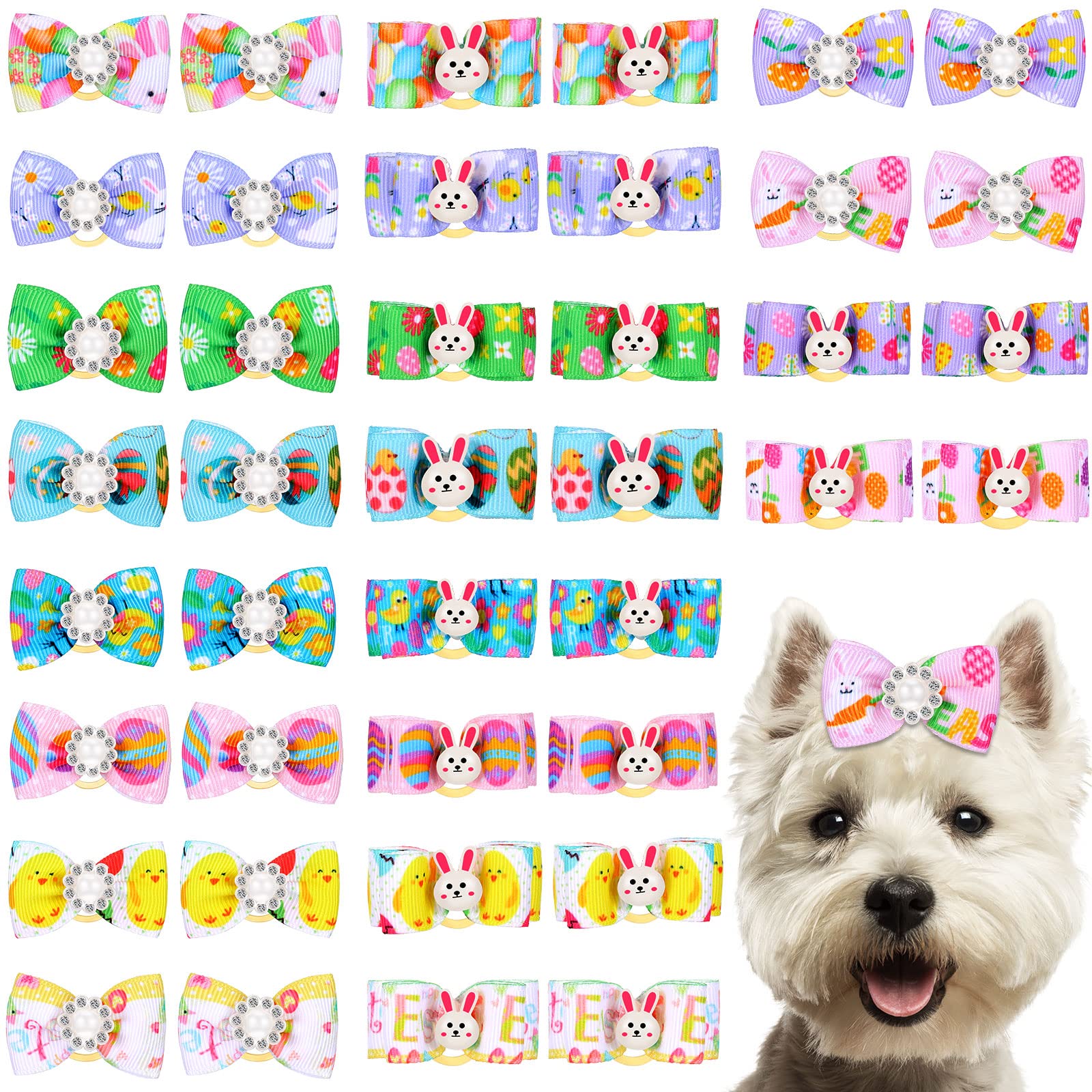 Waydress 40 Pieces Easter Dog Bows Rabbit Bunny Egg Hair Bowknot Pet Easter Bows With Rubber Bands Puppy Easter Rhinestone Bows 