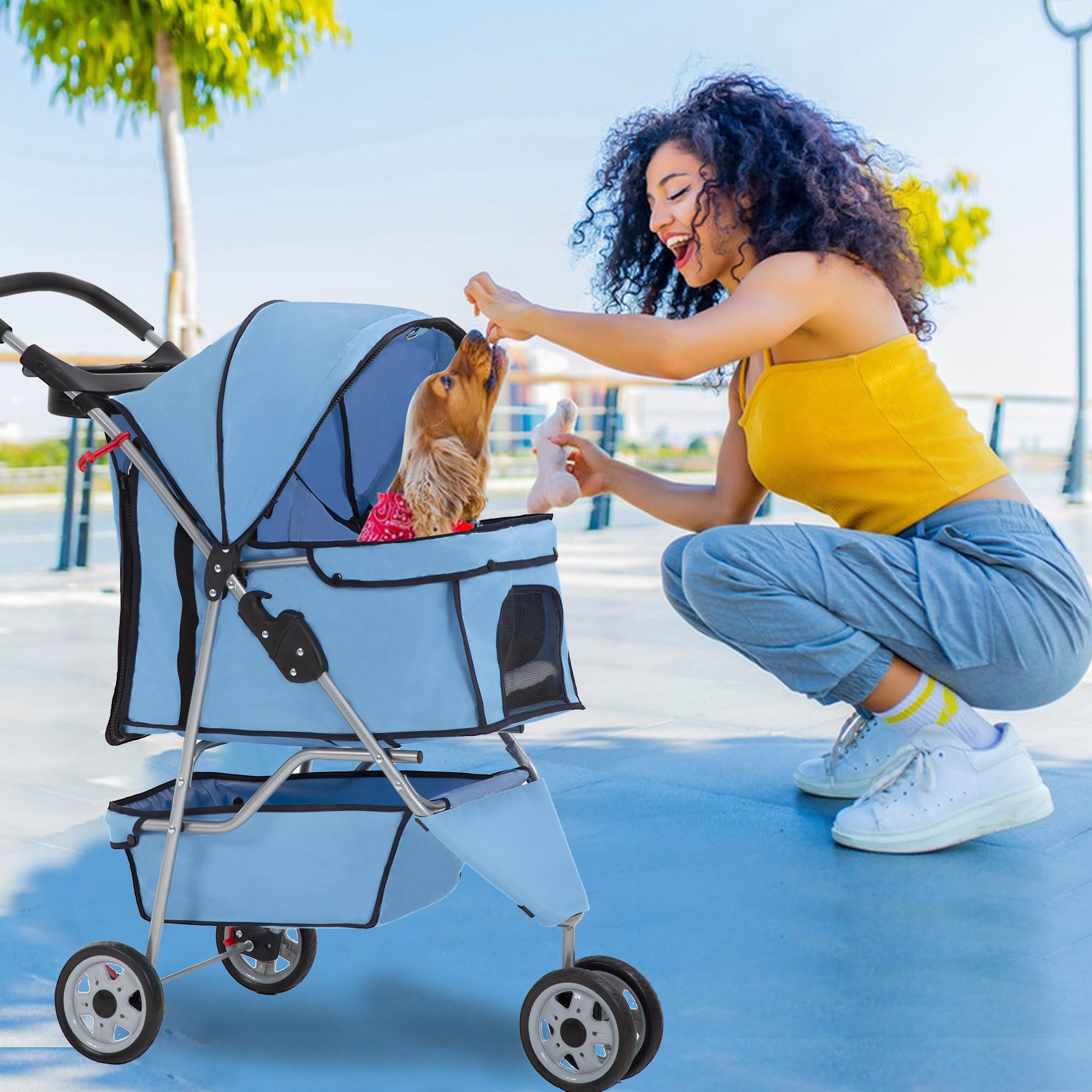 Fdw Pet Stroller 3-Wheel Durable Foldable Cat Dog Stroller With Washable Liner Storage Basket Cup Holder,Blue