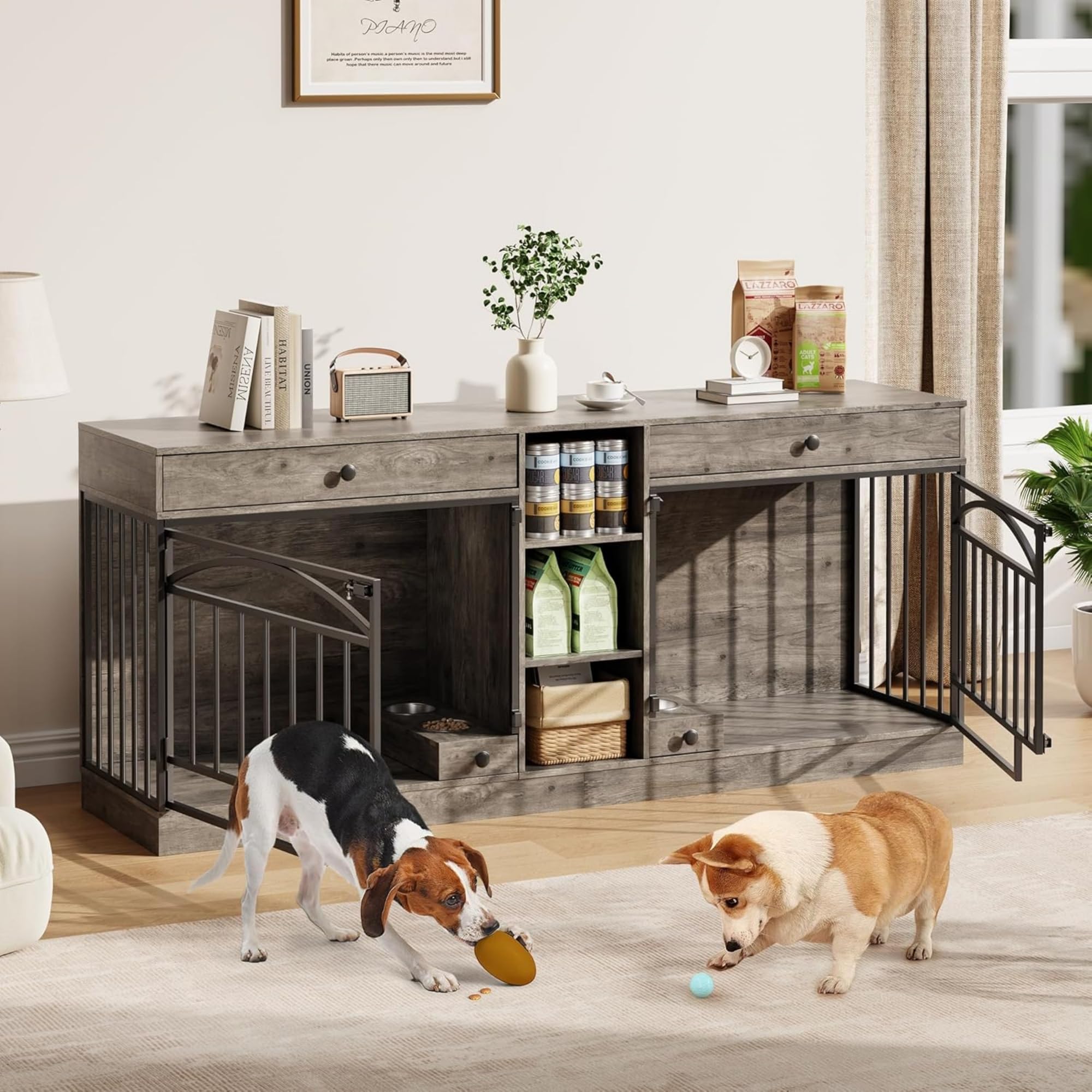 GarveeLife Double Dog Crate Furniture with Storage - 78.7 Large Indoor Kennel with 2 Drawers & 3 Shelves, Pet Crate TV Stand for