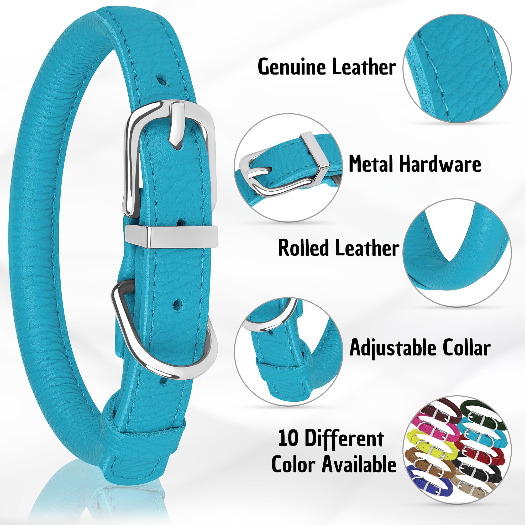 Oopsdoggy Rolled Leather Dog Collar Soft Roll Collars For Small Medium Large Dogs Puppy (Blue, Xxs, 7''-9'')