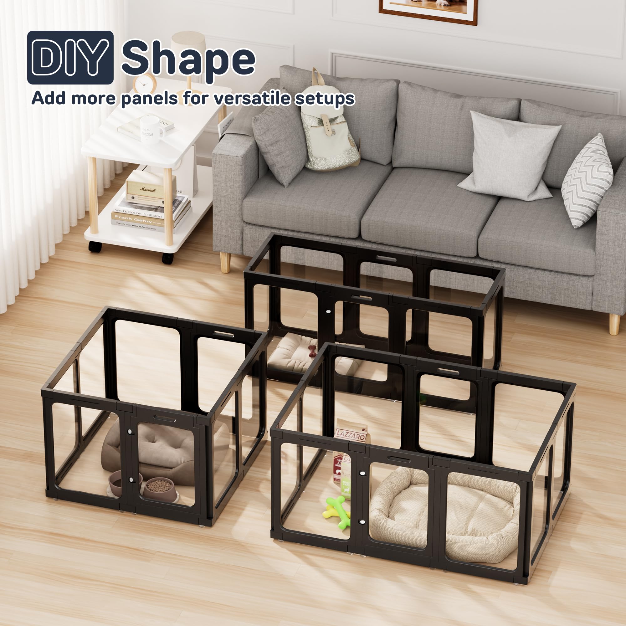 Jalove Dog Playpen, 24'' Acrylic Plastic Pet Playpen With Door, Puppy Playpen, Indoor Dog Pen, Foldable, Customizable, Black 2 P
