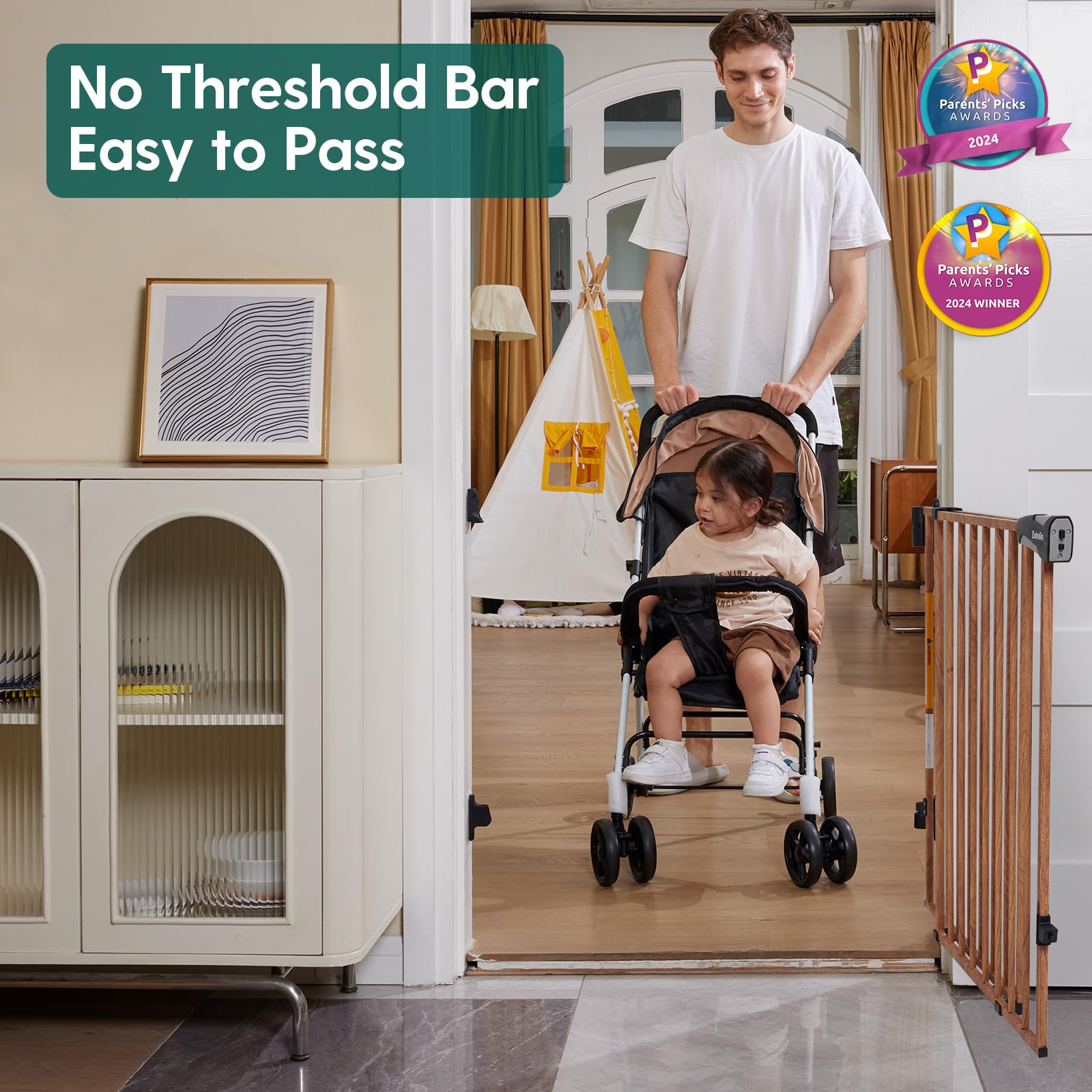 Babelio 26-43' No Bottom Bar Baby Gate For Babies, Elders And Pets, 2-In-1 Hardware Mount Dog Gate For The House, Stairs And Doorways, With Large Walk Thru Door, Brown Wood Pattern