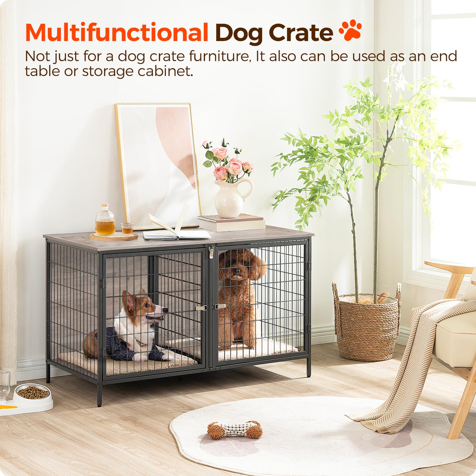 MAHANCRIS Dog Crate Furniture for 2 Dogs, 43.3 Dog Kennel with Removable Divider, Heavy Duty Wooden Dog Kennel for Small Medium