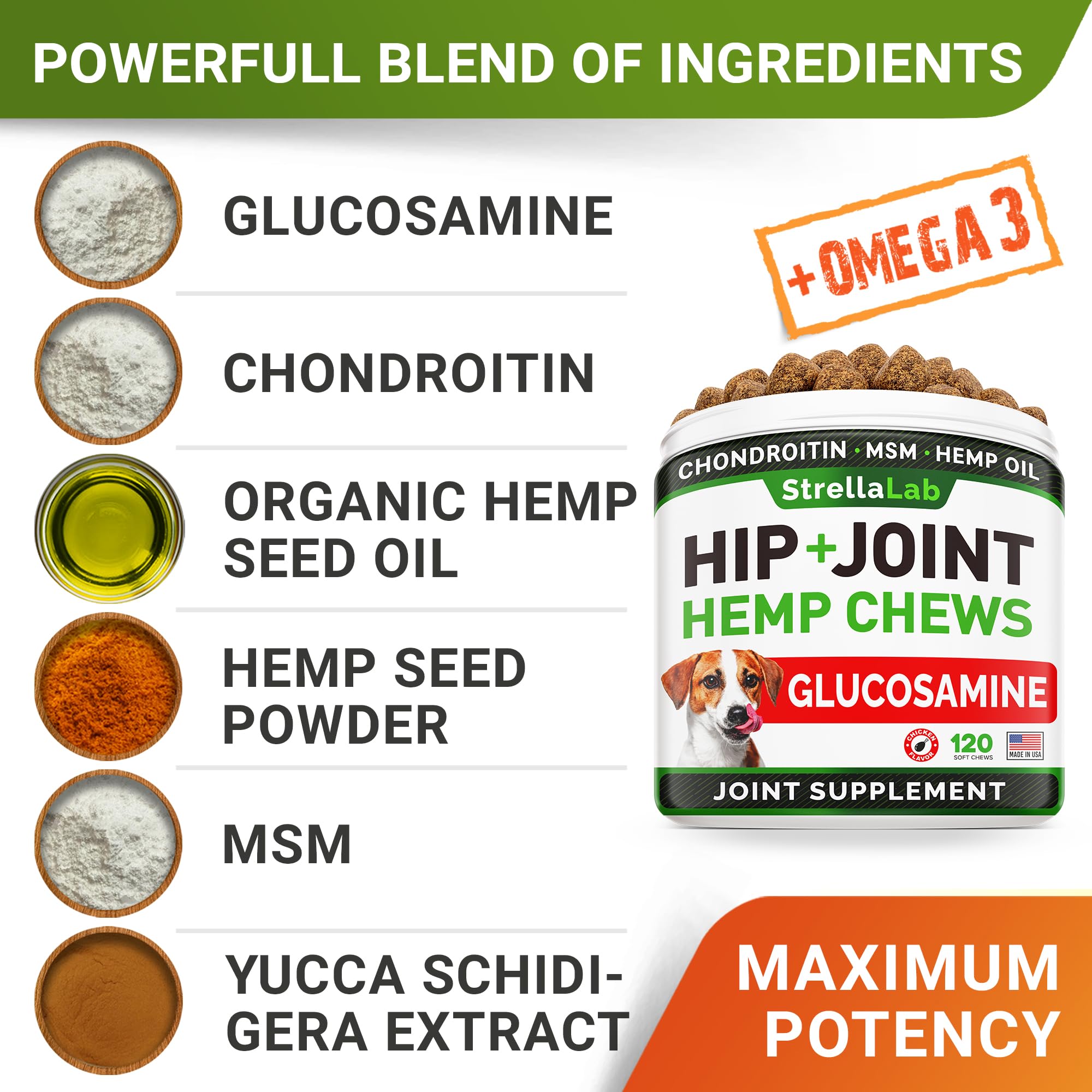 STRELLALAB Hemp Treats - Glucosamine & Omega 3 Dog Joint Supplement - 120 Ct - Chicken Flavor - Advanced Mobility Chews - Made in USA