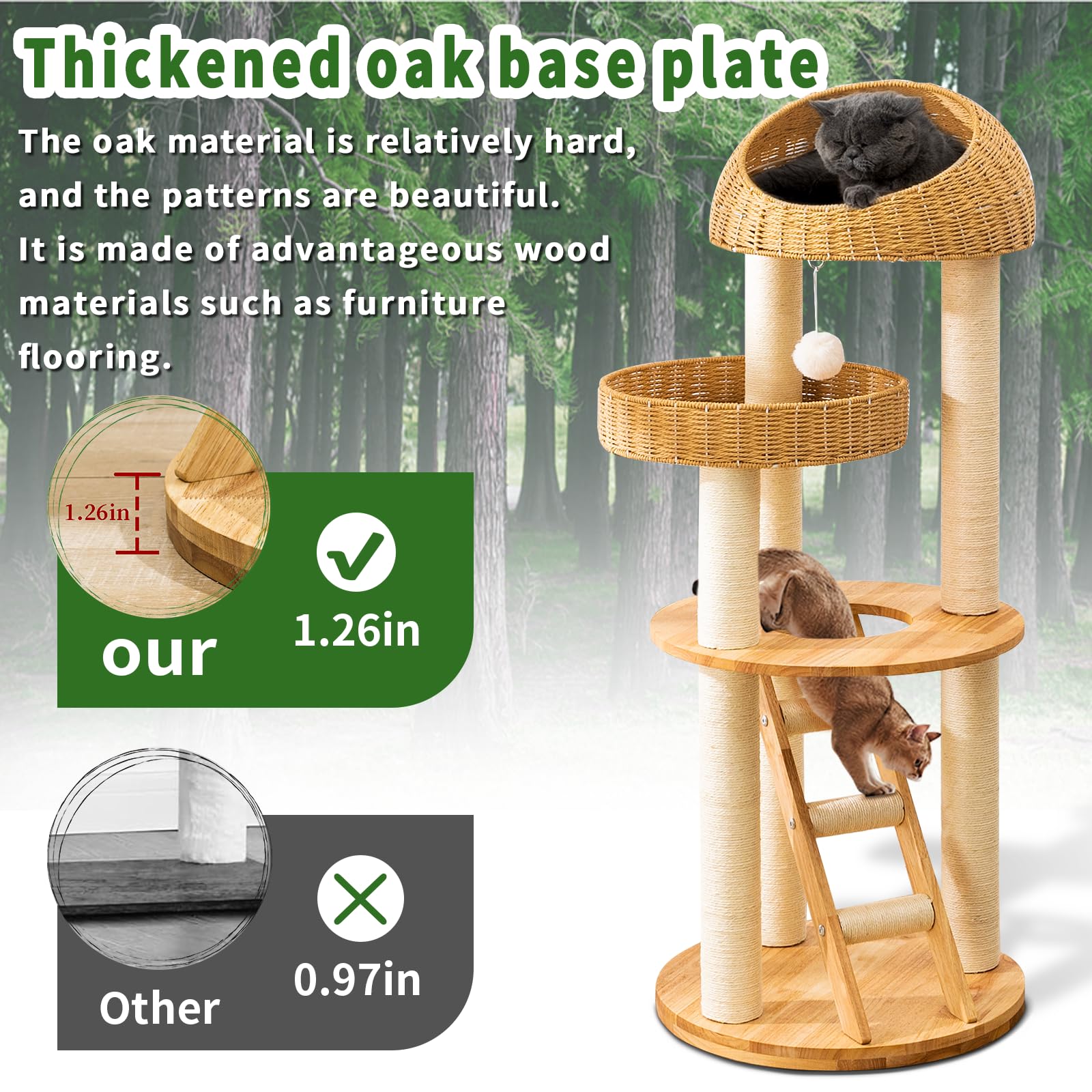 Big Modern Design Cat Tree Tower, Cat Tower Sisal-Covered Scratching Posts For Indoor Cats, Natural Oak Wood Cat Tree For Large