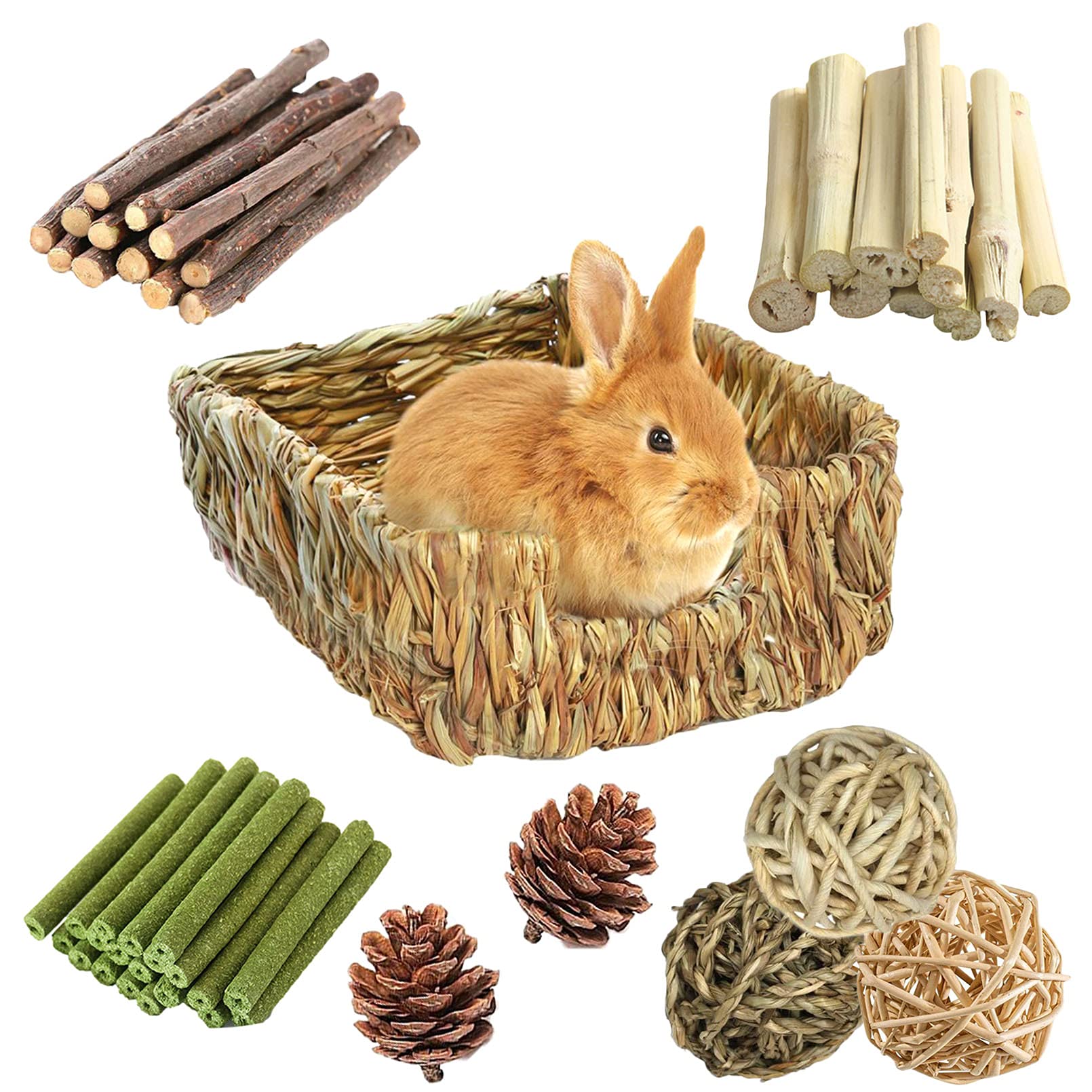 Hamiledyi Rabbit Grass Bed For Bunny, 21 Pcs Rabbit Chew Toys For Teeth Grinding Sweet Bamboo Timothy Stick Woven Grass Ball Pin