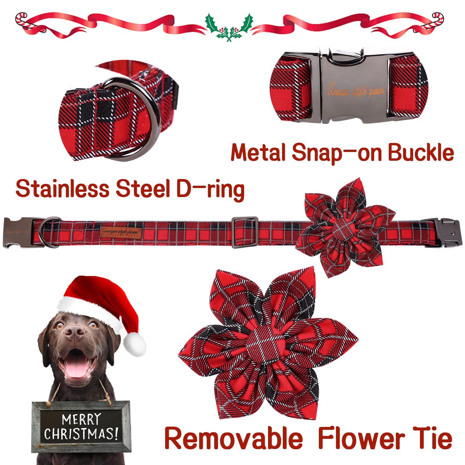Unique Style Paws Christmas Dog Collar With Flower Tie Red Black Grid Cotton Collar Adjustable Puppy Plaid Collar For Small Medium Large Dogs-Xs