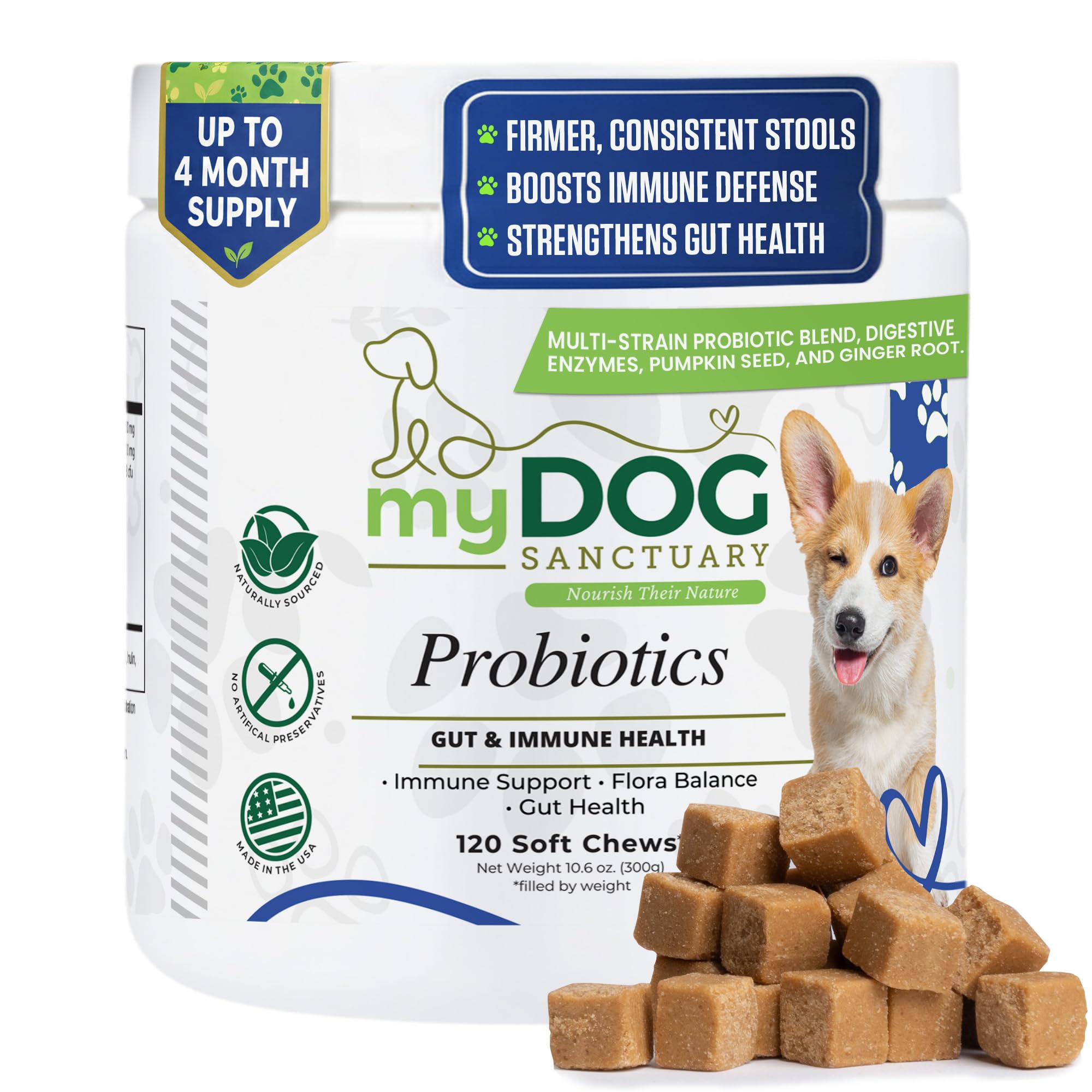 My Dog Sanctuary Probiotics for Dogs - 120 Soft Chews, Bacon Flavor | Digestive Enzymes, Gut Health & Immune Support with Pumpki