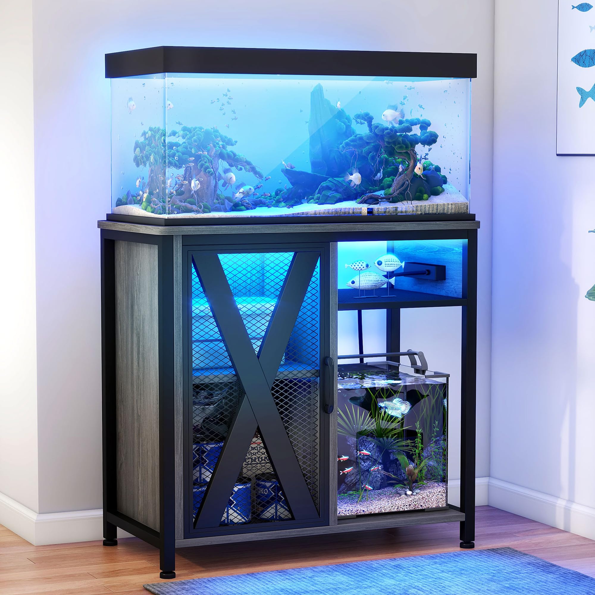 DWVO 20-29 Gallon Aquarium Stand with Power Outlets & LED Light, Cabinet for Fish Tank Accessories Storage - Metal Fish Tank Sta