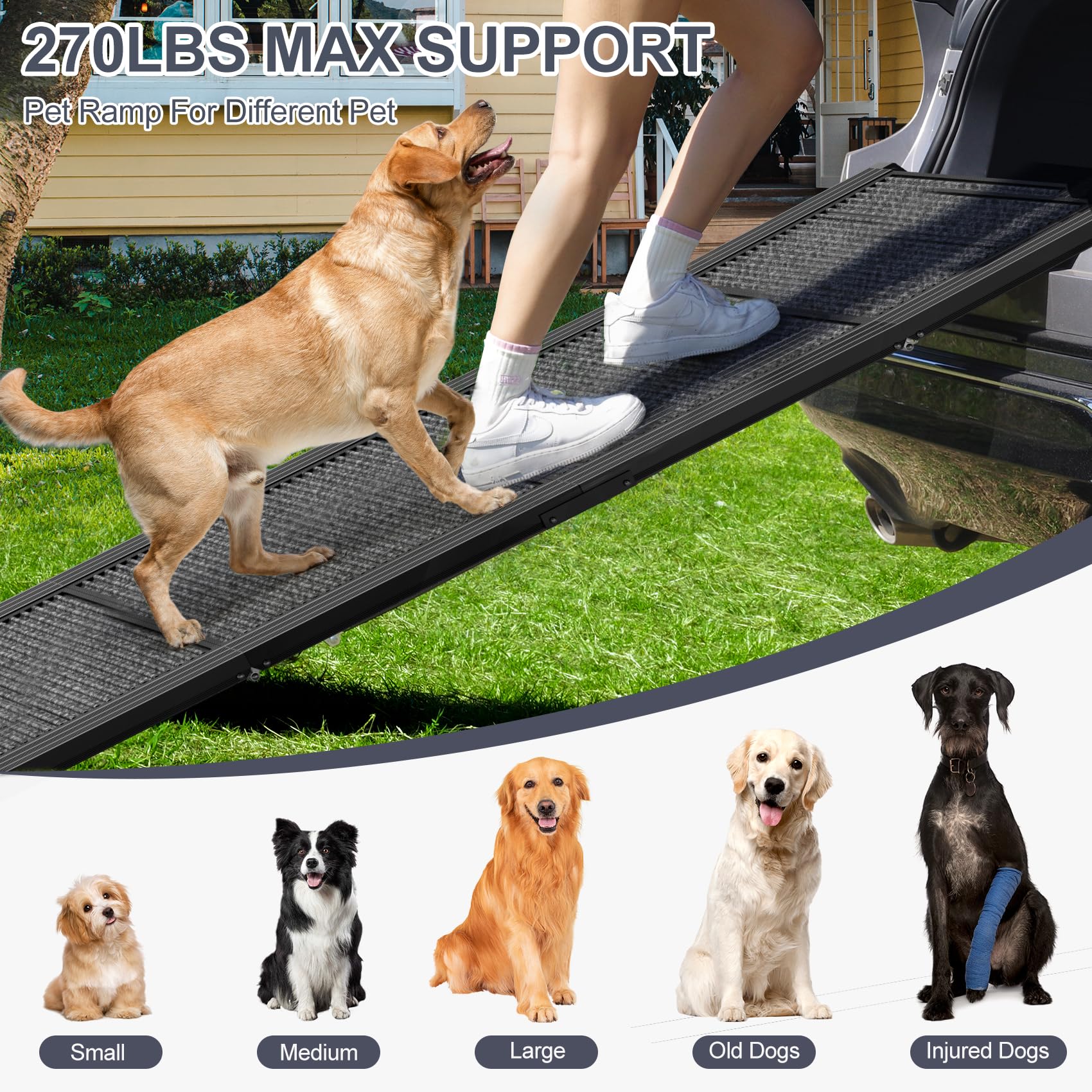 HerCcreta Dog Ramp - Upgraded Extra Wide Folding Ramp for Large Dogs, 71" x 20", Non-Slip Rug Surface, Black, Supports Up to 270 LBS