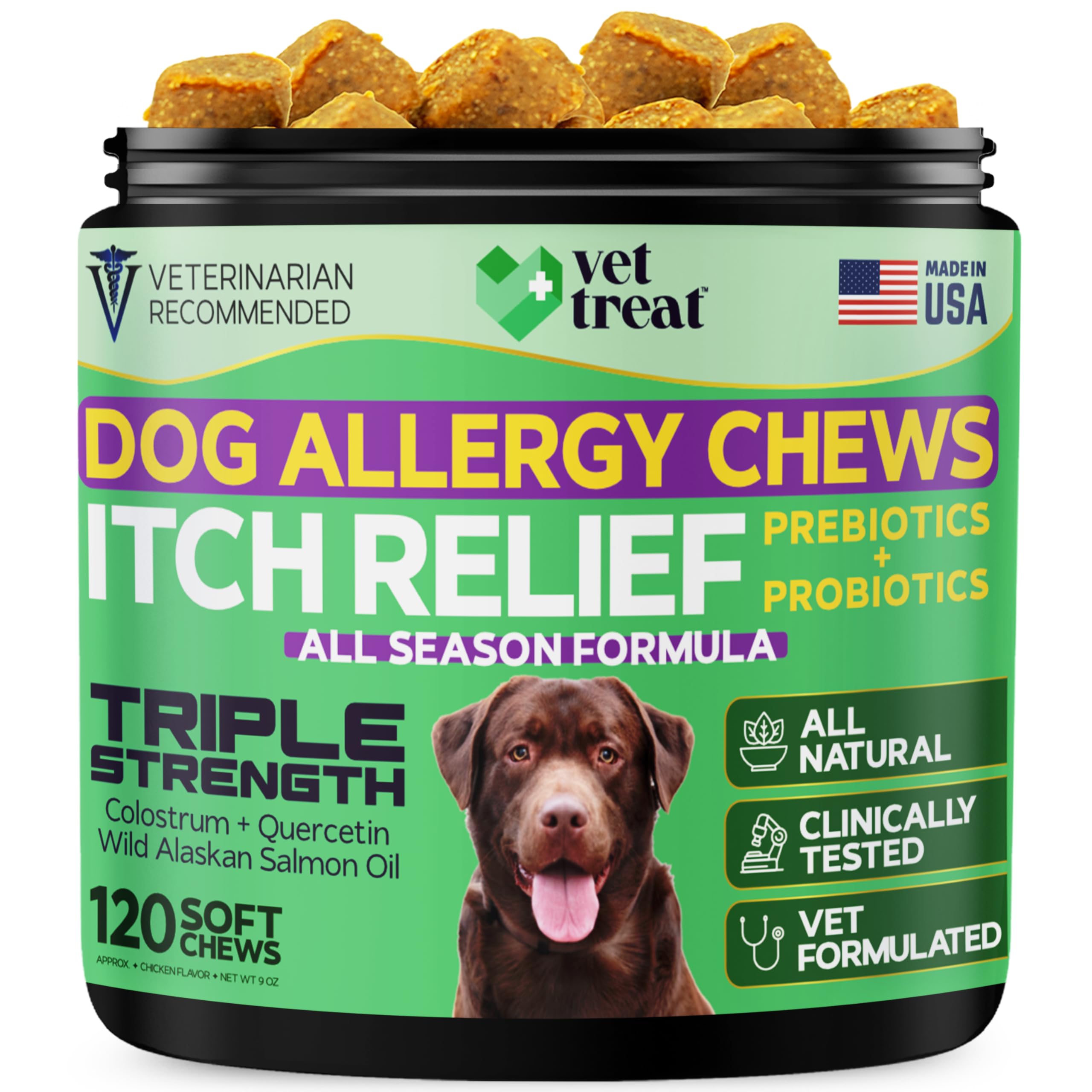 Dog Allergy Relief Chews - Hot Spot & Itch Relief for Dogs with Salmon Oil, Fish Oil, Colostrum, Quercetin & Probiotics - Omega 