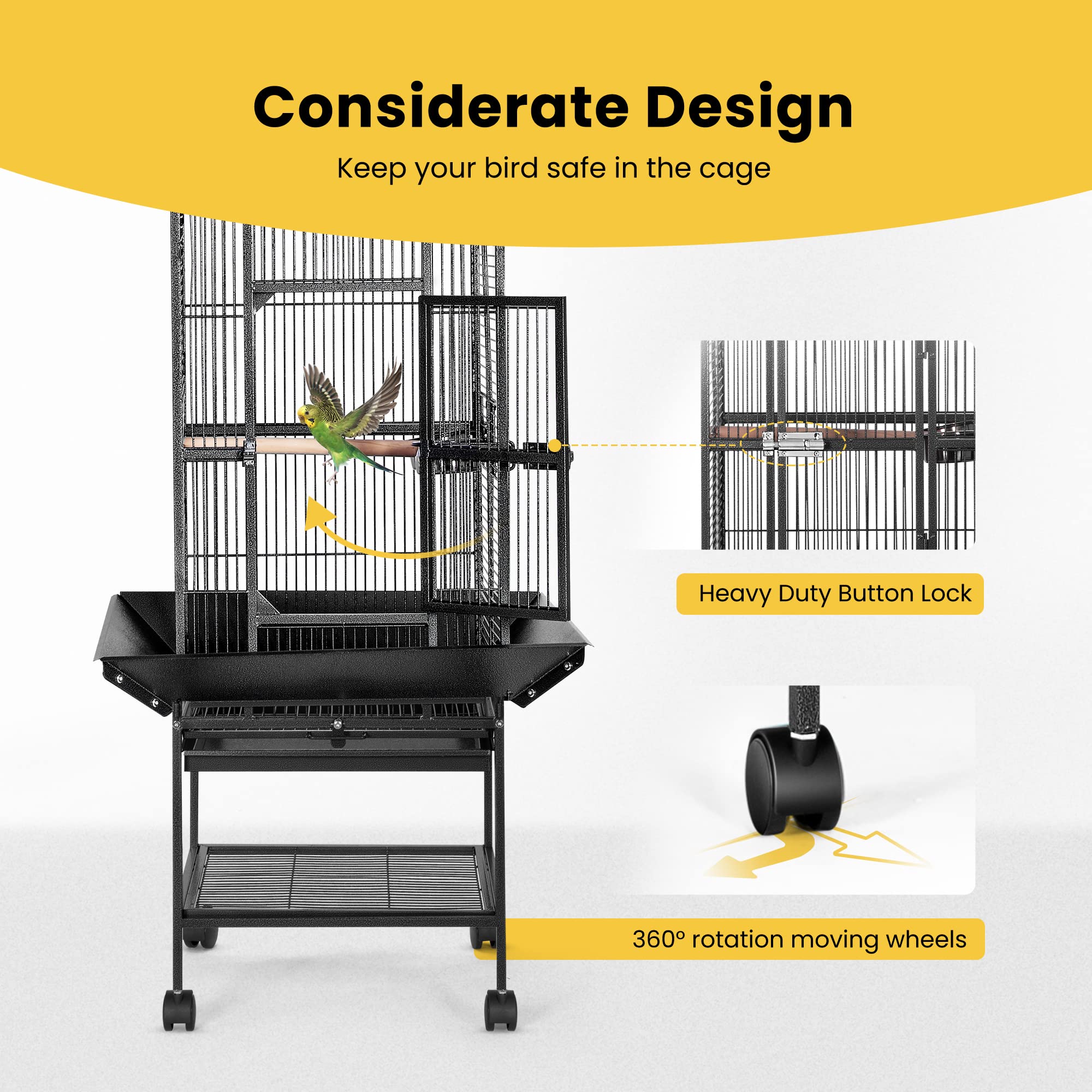 Vivohome 72 Inch Wrought Iron Large Bird Cage With Play Top And Stand For Parrots Lovebird Cockatiel Parakeets Black