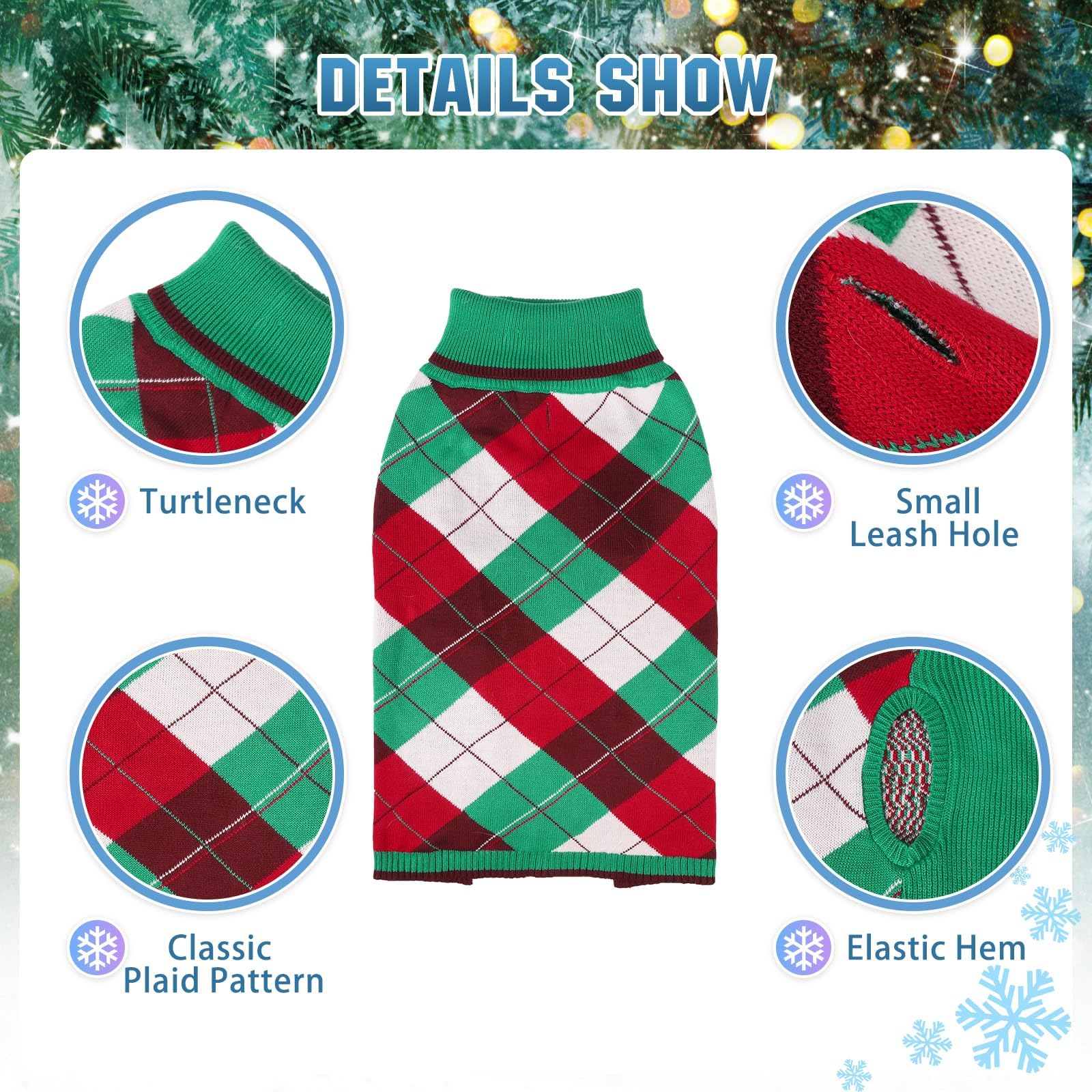 KOOLTAIL Dog Sweater Pet Knitted Clothes-Classic Plaid Pullover Turtleneck Fleece Dog Christmas Sweaters with Leash Hole, Thick
