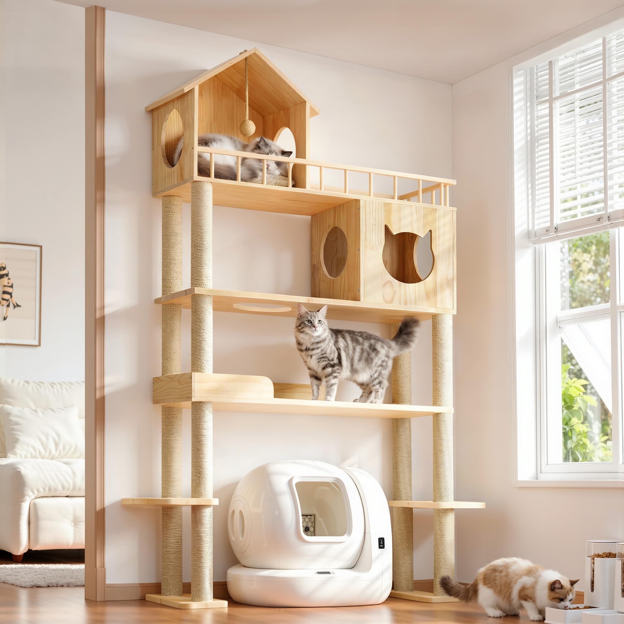 Homiflex Wood Cat Tree for Automatic Litter Box, 74.4 Tall Cat Tower for Self Cleaning Litter Box, Cats Tree for Indoor Cats Lar