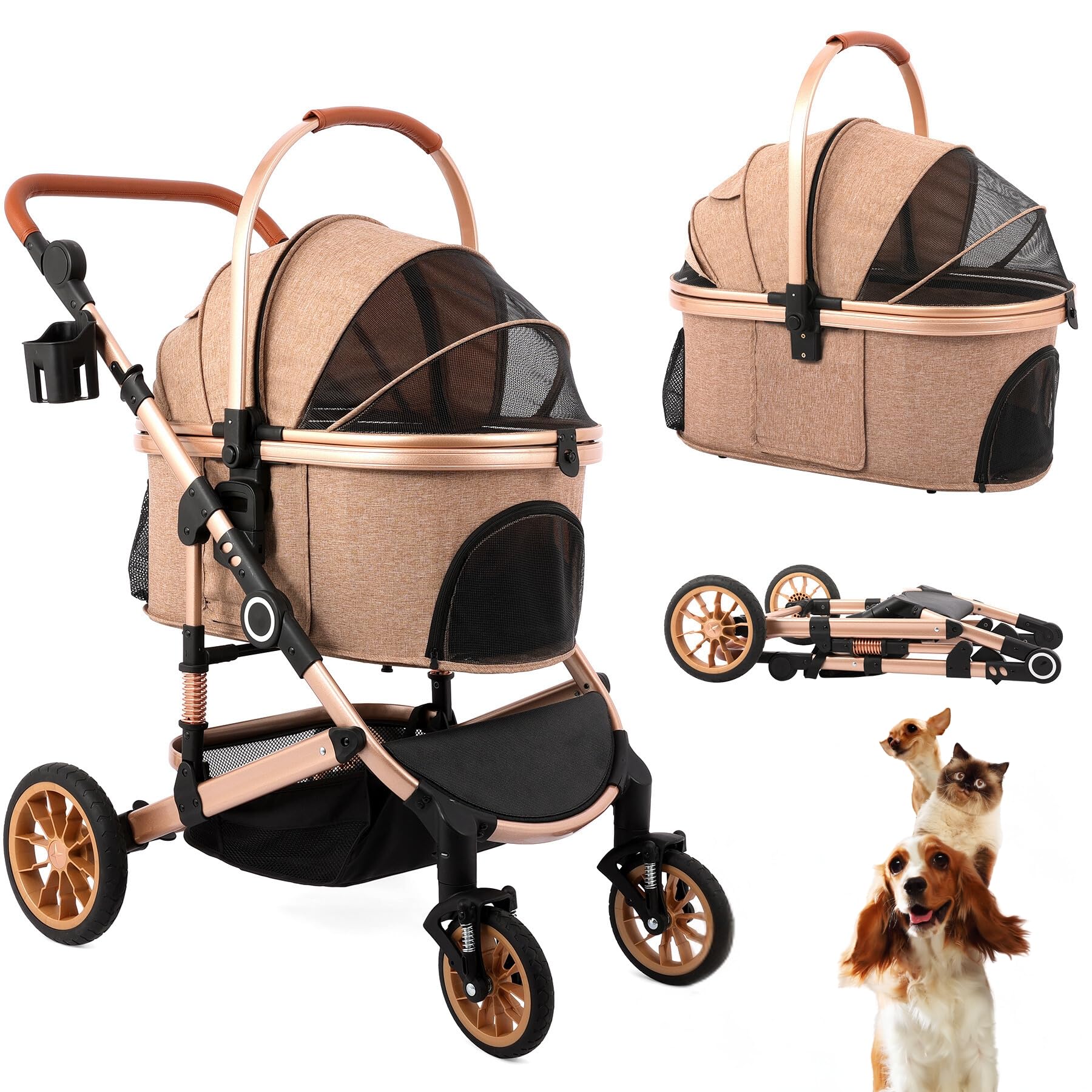 Pet Stroller With 4 Wheels, Foldable Pet Travel Carrier For Small/Medium Dogs Cats Up To 50Lbs, Detachble Portable Pet Bag, Stor