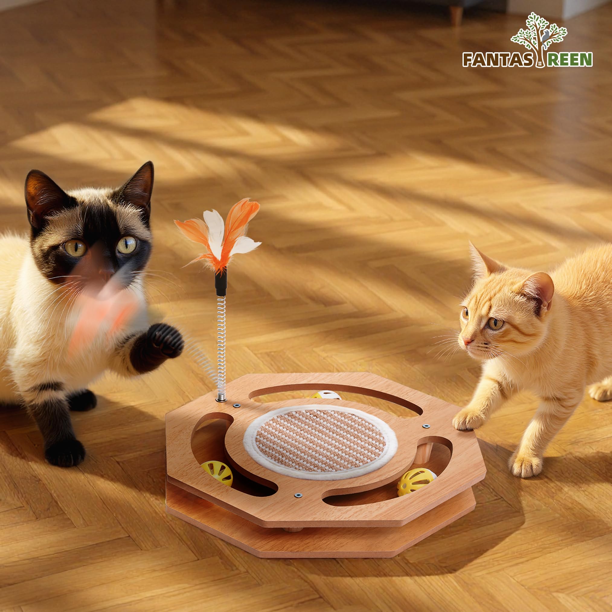 Fantasreen Interactive Toy Cat Scratcher, Sisal Scratching Pad, Kitten Toy Wood with Bell Ball Track, Feather Teaser for Mental