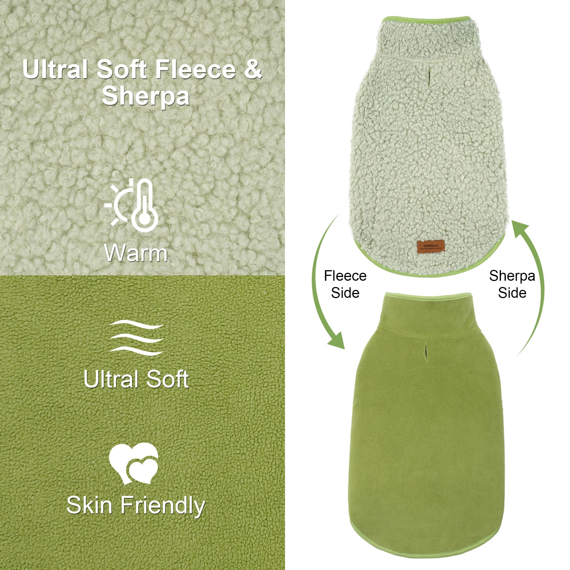 cyeollo Warm Dog Coat Fleece Sherpa Jacket Vest, Large, Green, Soft Reversible, Turtleneck, Leash Hole for Cold Weather