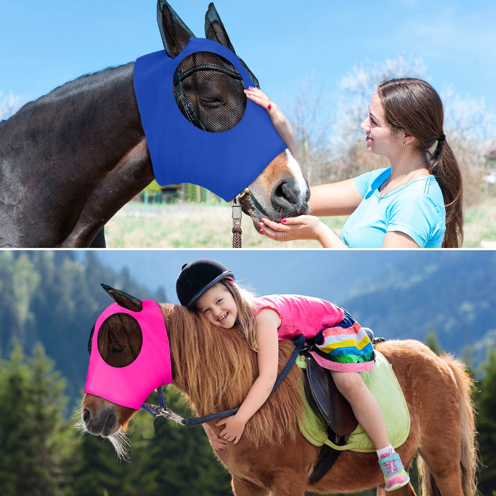 Weewooday 2 Pieces Horse Fly Masks for Horses Horse Mask with Ears Smooth and Elasticity Fly Mask with UV Protection(Royal Blue,