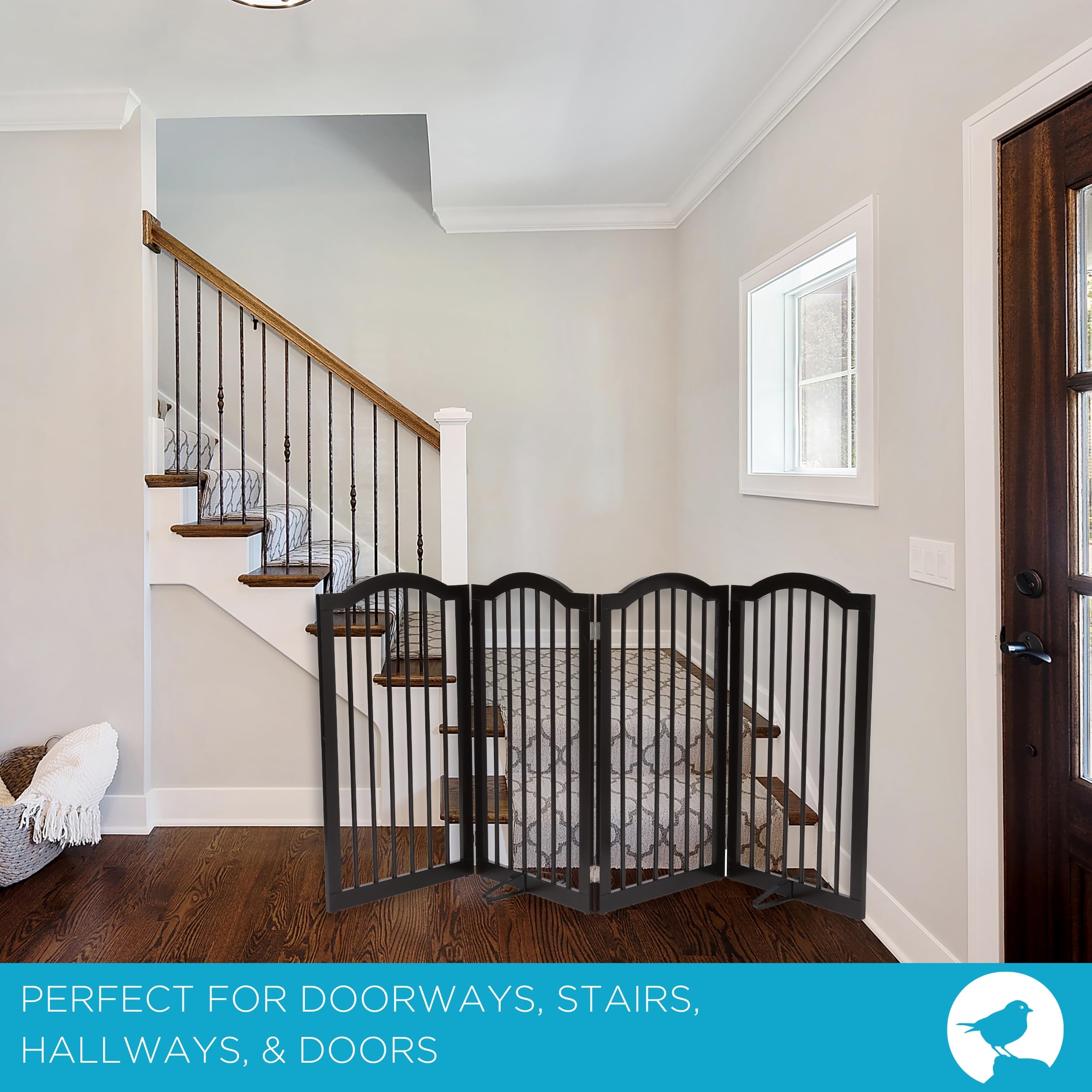 INTERNETS BEST Arched Top Dog Gate with Support Feet | 4 Panel, 36 H Wooden Pet Barrier for Dogs or Cats | Freestanding Folding