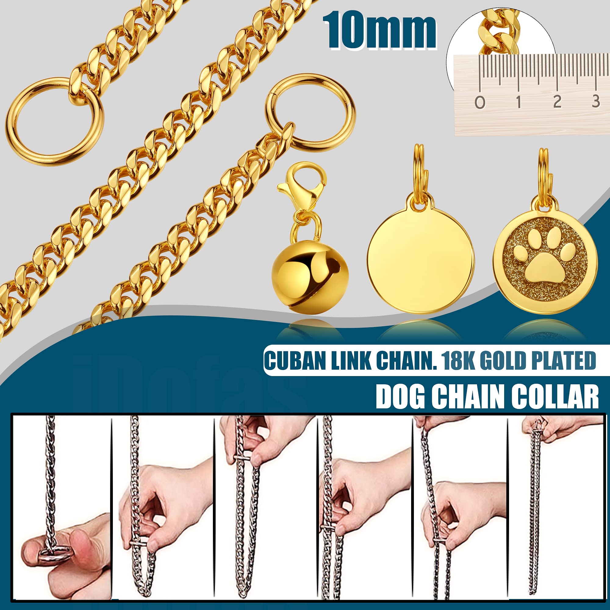 Idofas Gold Dog Collar 10Mm Slip Collar Gold Cuban Link Dog Chain Collars Stainless Steel Heavy Duty Gold Collar For Dogs.(14'')