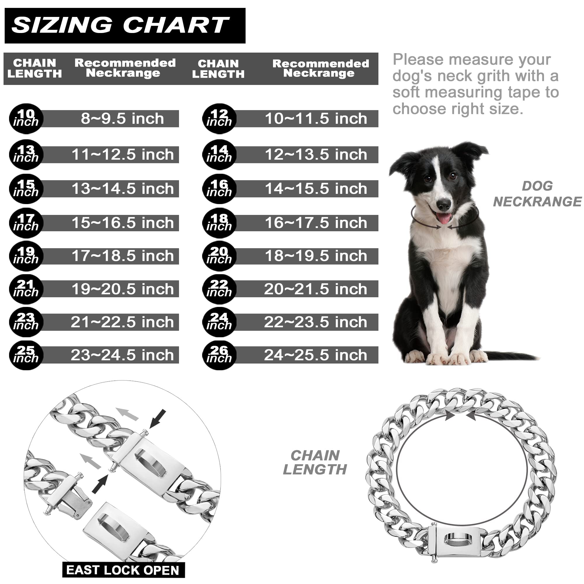 W/W Lifetime Dog Chain Collar Walking Metal Collar With Design Secure Buckle Cuban Link Strong Heavy Duty Chew Proof For Large Dogs(19Mm, 24')