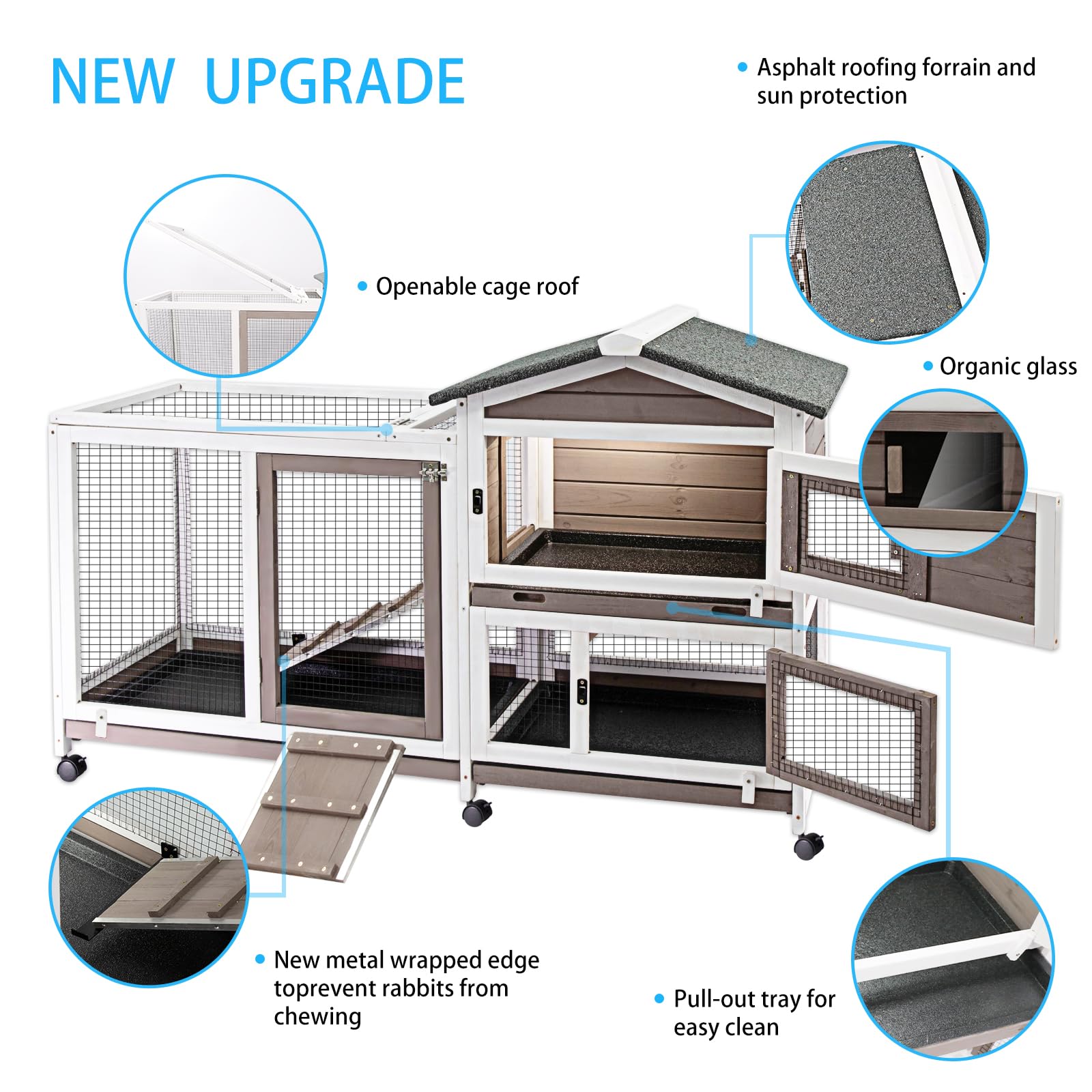 Ketive Rabbit Hutch Indoor Outdoor Two Story Bunny Hutch With Wheels Guinea Pig Cage With Removable No Leaking Tray Wooden Pet H