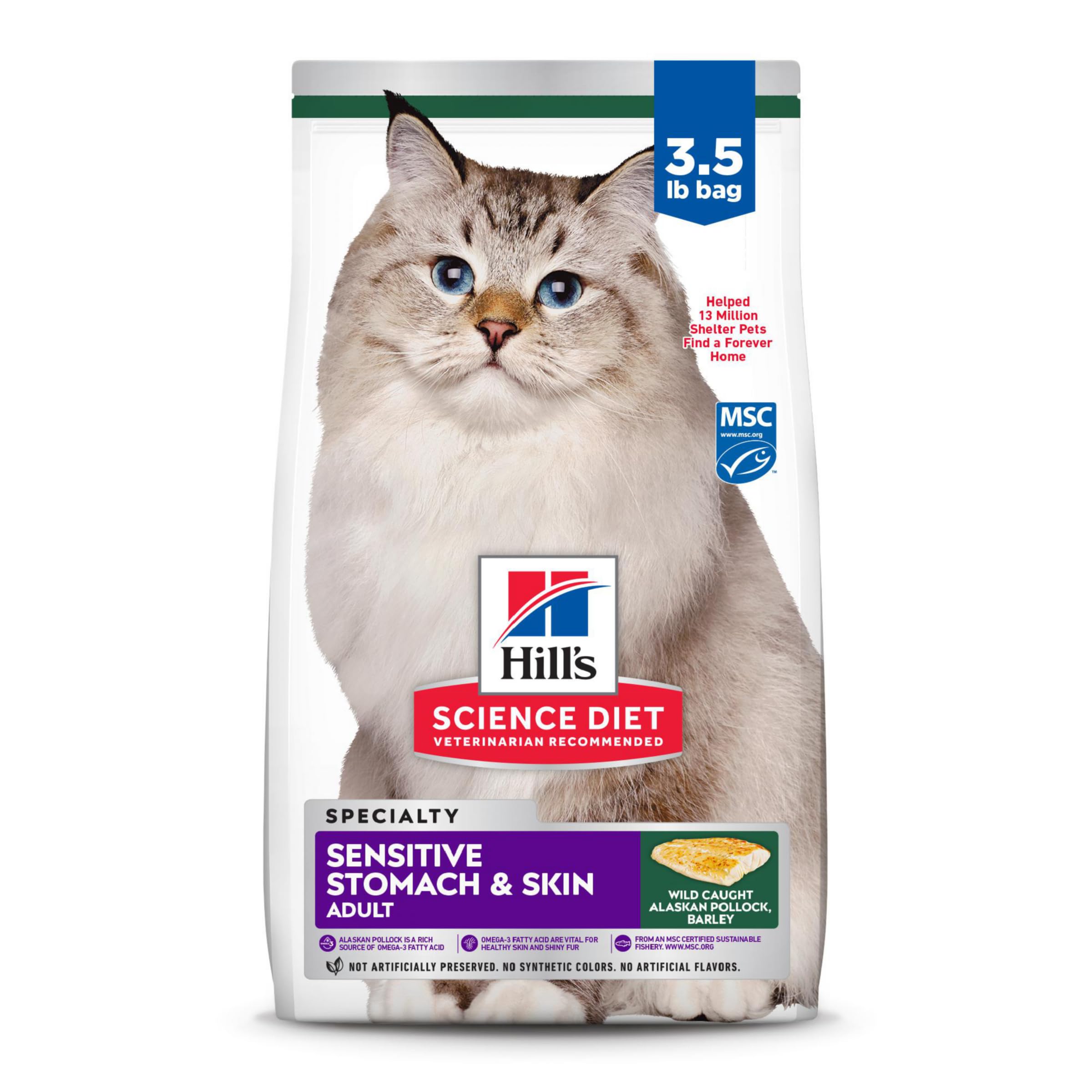 Hills Science Diet Sensitive Stomach & Skin, Adult 1-6, Stomach & Skin Sensitivity Support, Dry Cat Food, Pollock & Barley, 3.5