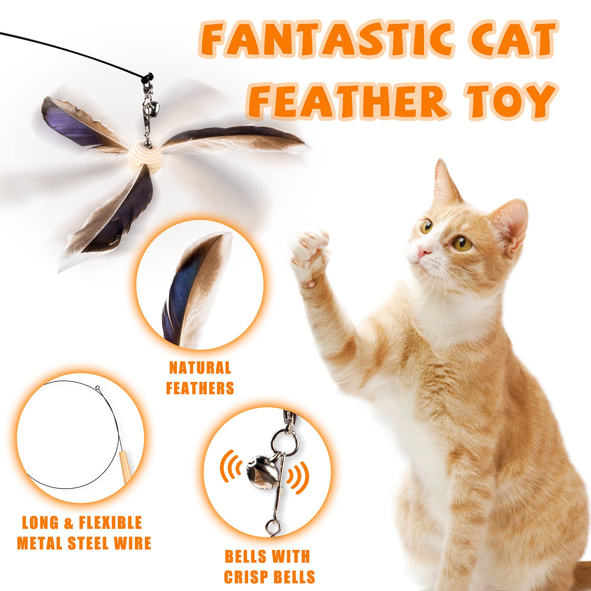 Jxfukal Cat Wand Toys, Interactive Cat Toys With 3 Feather Refills, 29'' Flexible Steel Wire, Sturdy Wood Handle & Bell For Kitty Kitten, Cat Toys For Indoor Cats Cat Teaser Cat String Toy