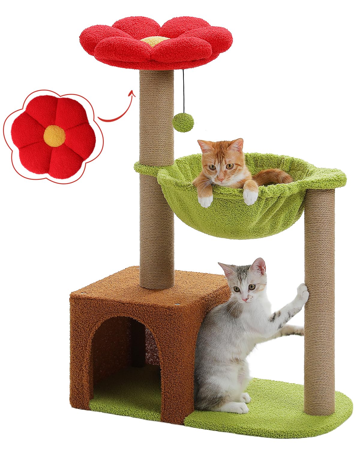 Muttros Flower Cat Tree With Sisal Scratching Posts, 35'' Cute Cat Tower With Large Green Hammock For Small Indoor Cats, Cat Con