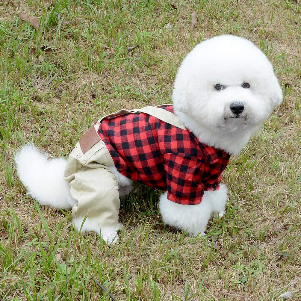 Smalllee_Lucky_Store Pet Clothes For Small Dog Cat Red Plaid Shirts Sweater With Khaki Overalls Pants Jumpsuit Outfits L
