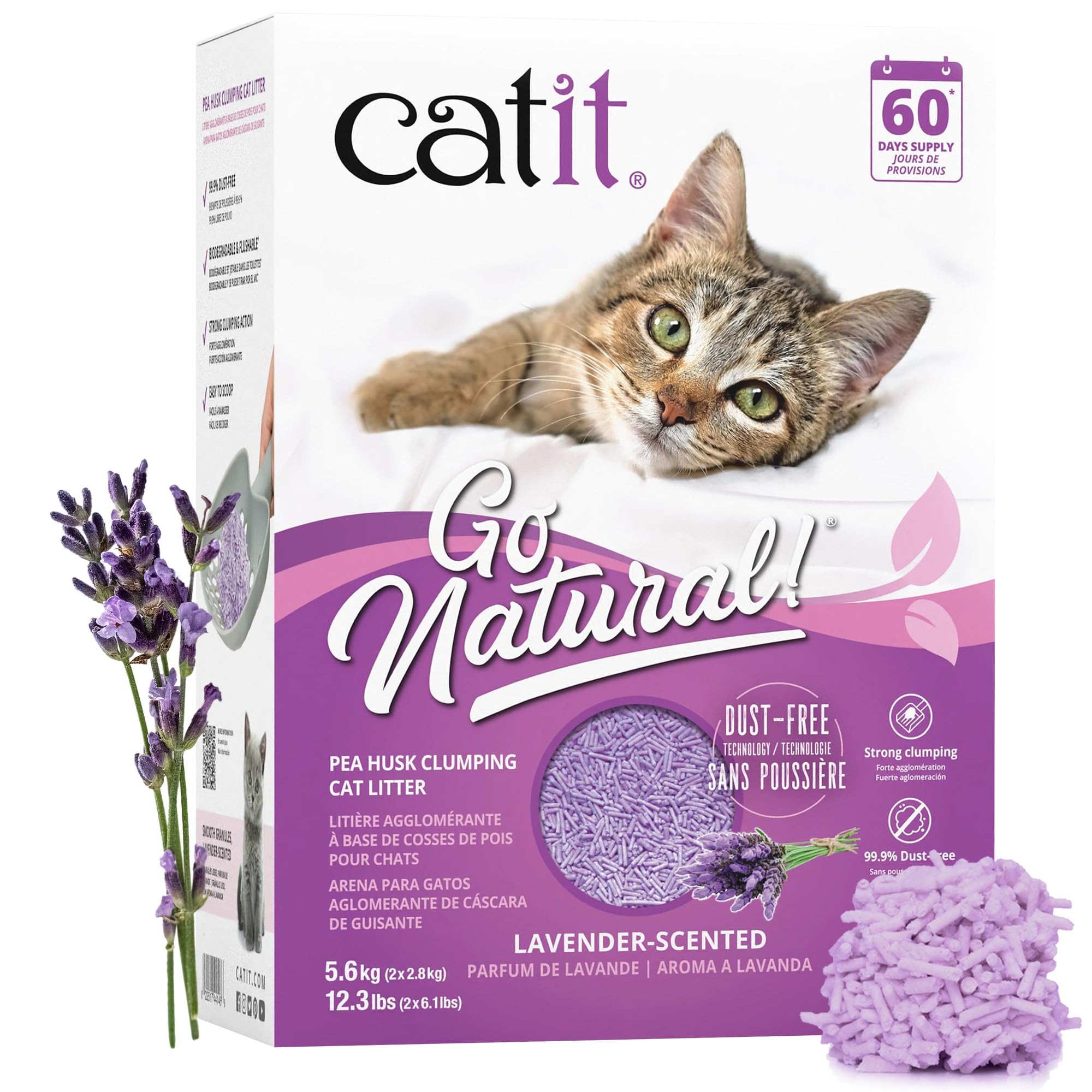 Catit - Go Natural Pea Husk Clumping Cat Litter - Lightweight, Dust Free, Easy Cleaning & Scooping, Flushable Kitty Litter With Odor Control & Subtle Fragrance - 12.3 Lbs, Lavender Scented
