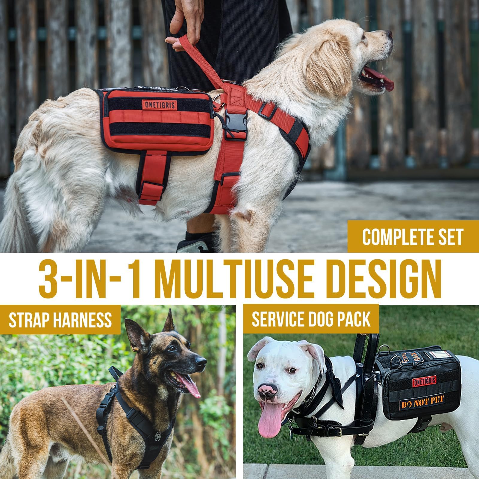 OneTigris Service Dog Vest Harness, Service Dog Cape Guardian Dog Molle Backpack with Pouches for Medium and Large Dogs (Red, La