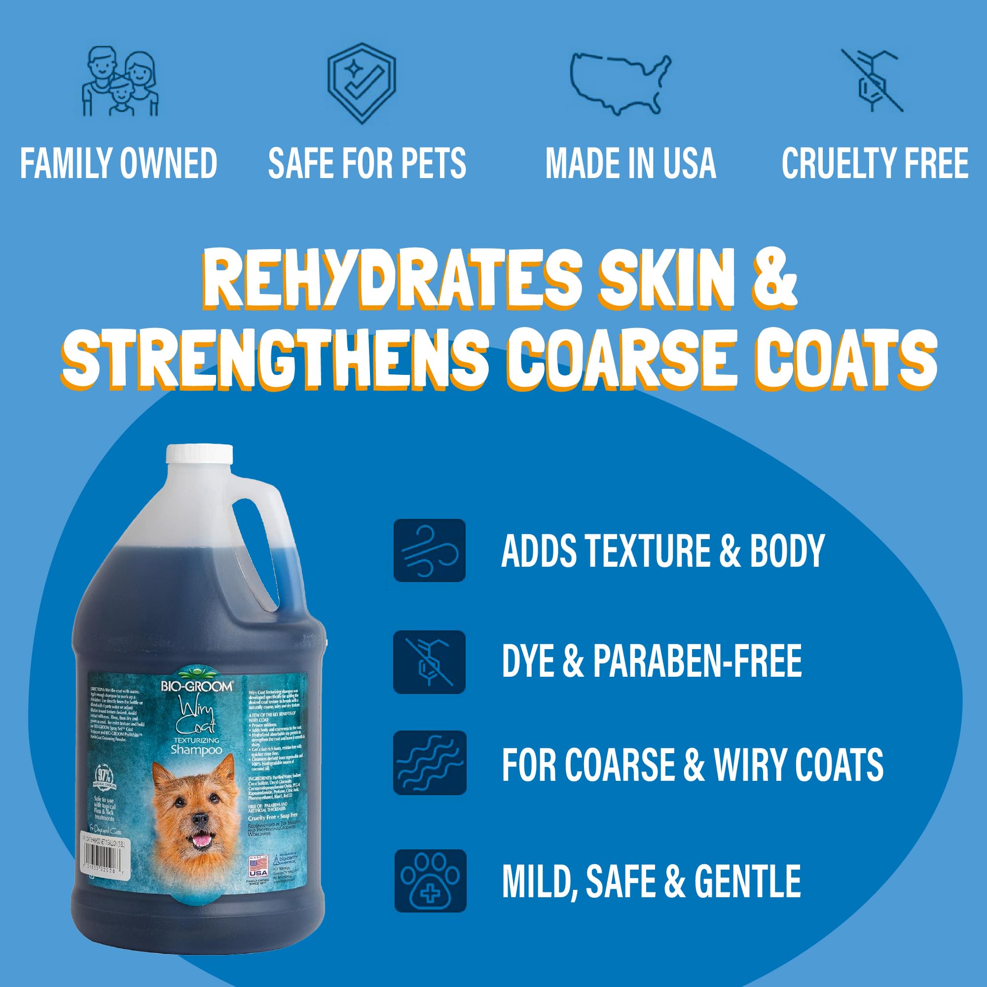 Bio-Groom Wiry Coat Dog Shampoo - Tearless, Bathing Supplies, Puppy Wash, Cat & Dog Grooming Supplies, Cruelty-Free, Made in USA