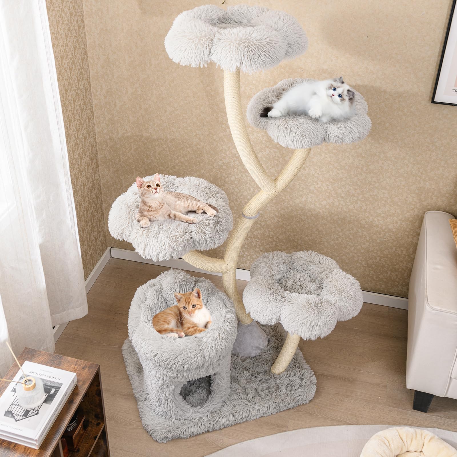 Tangkula Cat Tree Tower, 65 Inch Tall Cat Tower with Sisal Scratching Posts, Flower-Shaped Platforms, Padded Cat Condo, Modern C