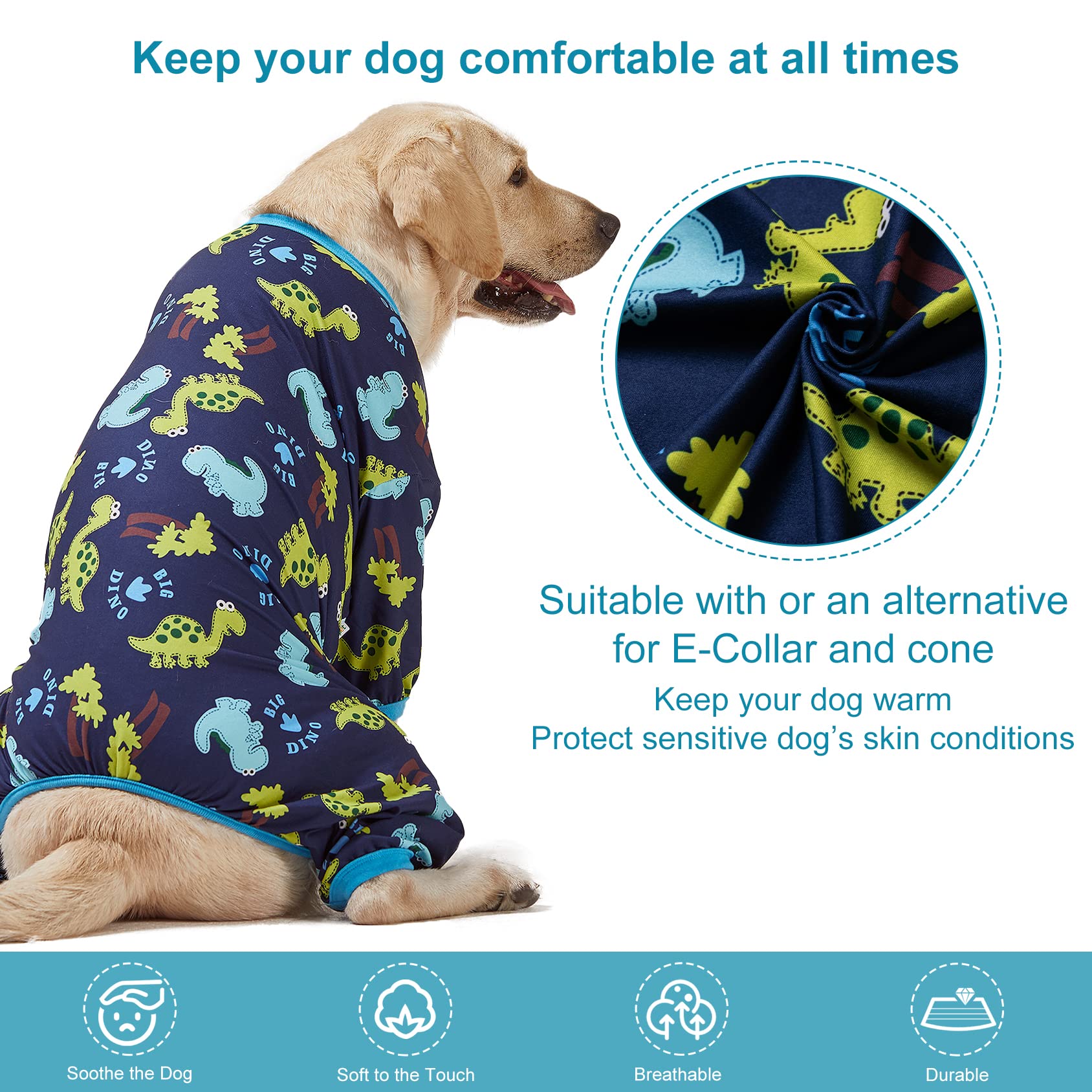 Lovinpet Dog Clothing For Large Dogs: Dinosaur In The Jungle Print, Lightweight Stretchy Knit Pullover Puppy Pajamas, Large Dog
