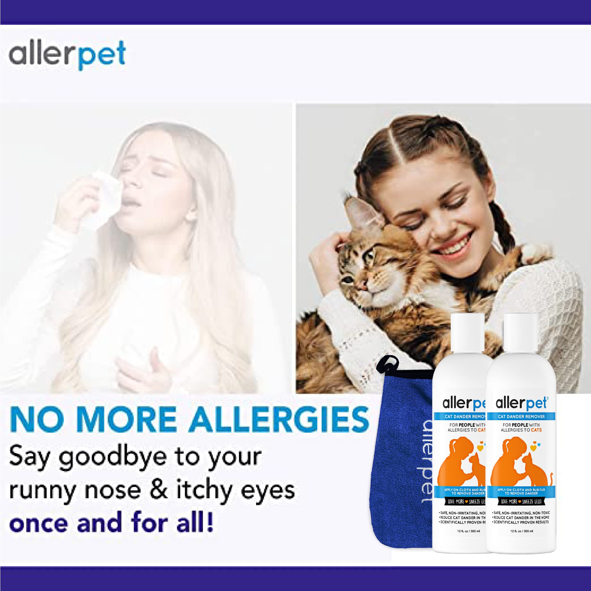 Allerpet Cat Dander Remover W/Free Applicator Mitt - Effective Cat Dander Reduction - Anti Allergen Solution Made In Usa - 2 Pack (12Oz)