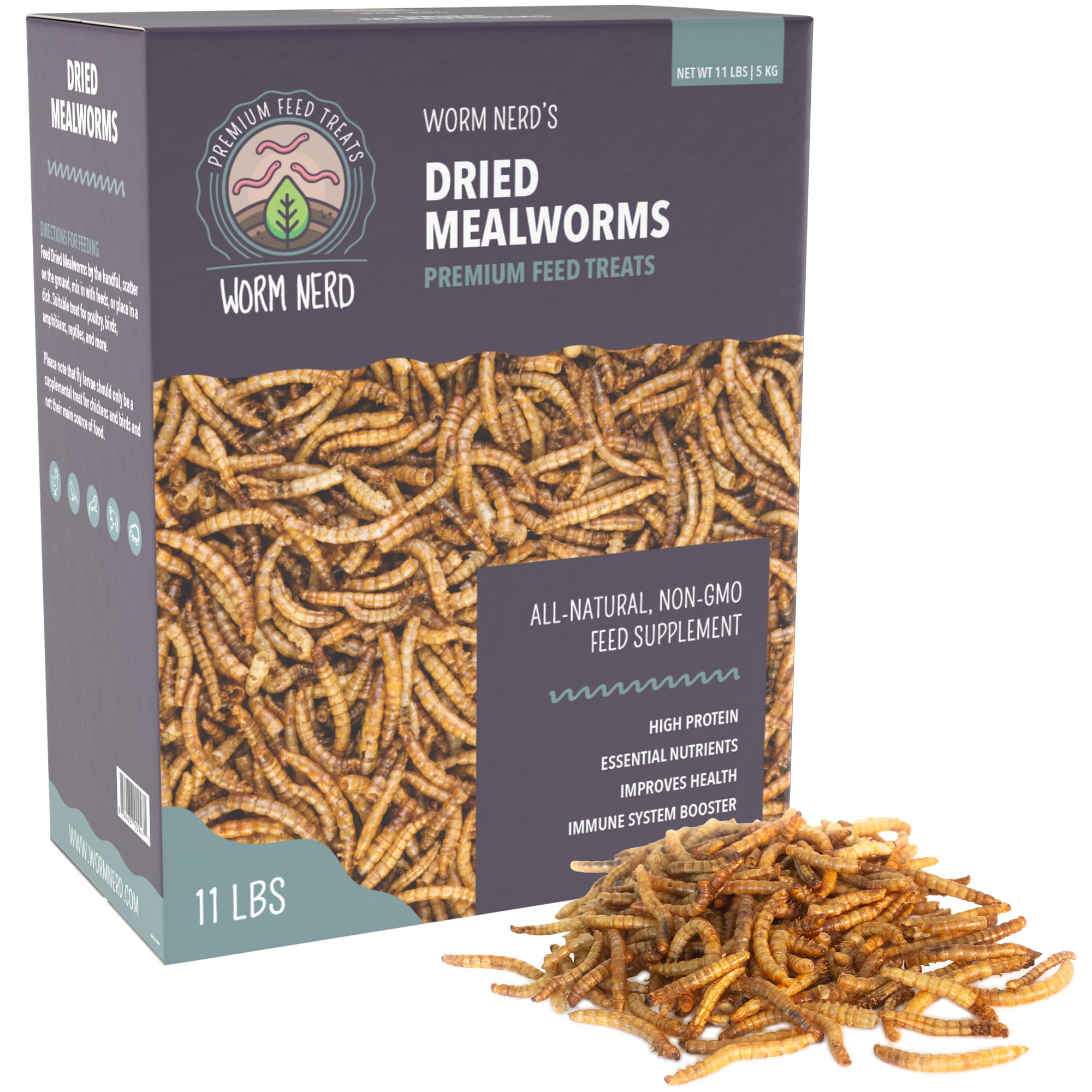 Worm Nerd WN61 11LB Dried Mealworms Non-GMO High Protein and Fiber Treat for Chickens, Birds, Reptiles, Amphibians, Fish