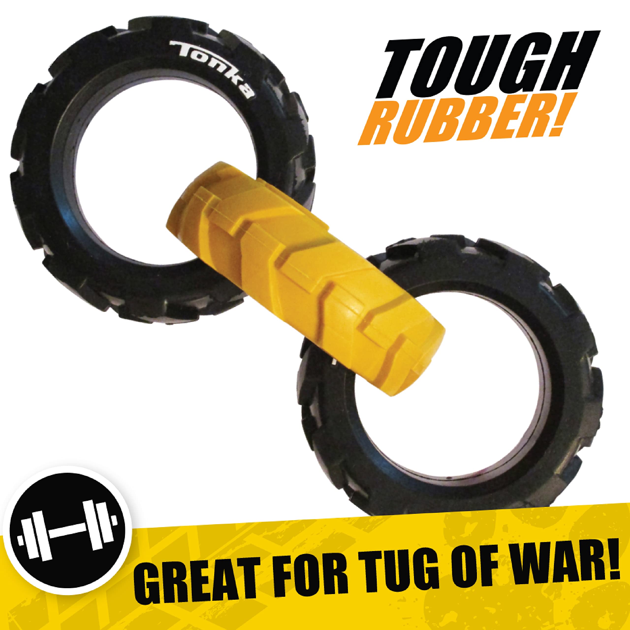 Tonka Rubber 3-Ring Tug Dog Toy, Lightweight, Durable And Water Resistant, 7.5 Inches, For Medium/Large Breeds, Single Unit, Yellow/Black