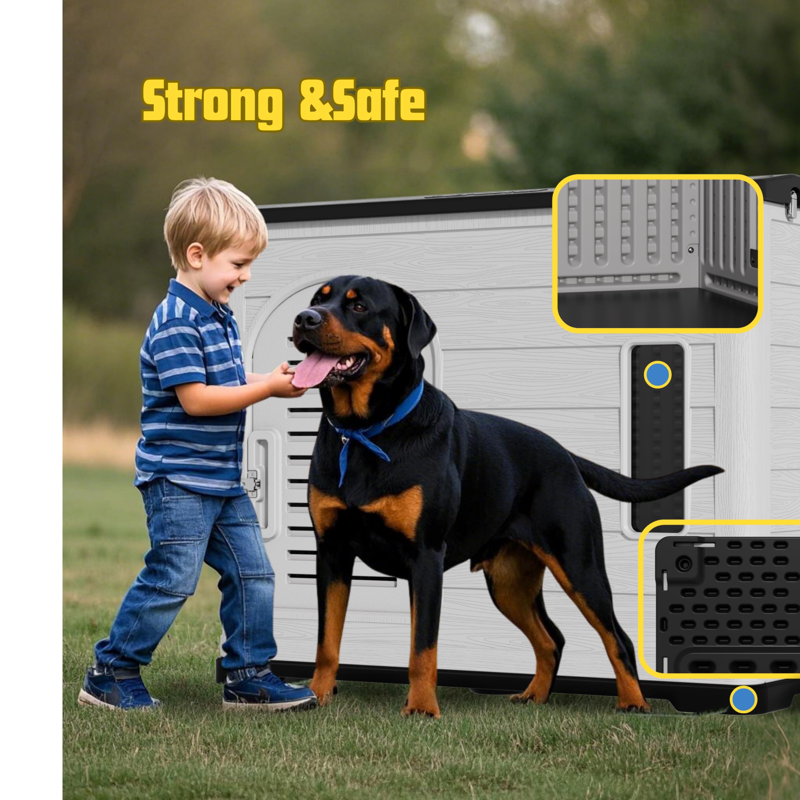 Diyokai Xlarge Durable Plastic Dog House For Big Dogs - Indoor Outdoor Double-Layer Insulated Doghouse With Open-Top Cover, Lock