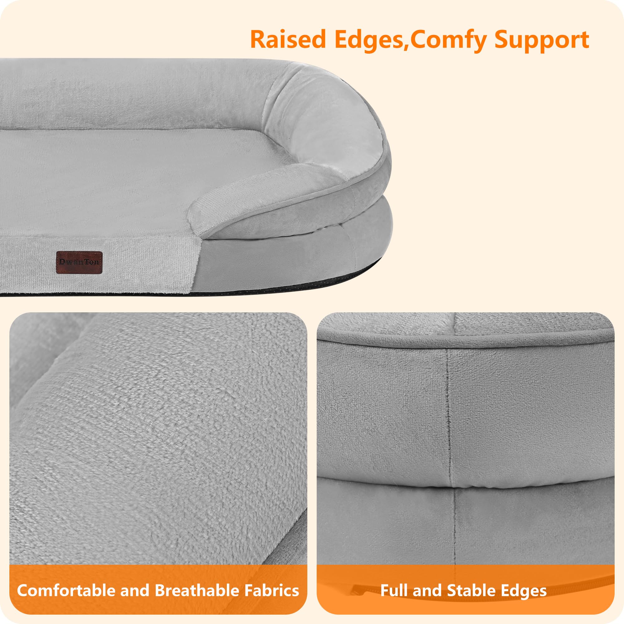 Dwanton Orthopedic Dog Bed - Waterproof Medium Pet Sofa, Egg Foam Support, Washable, Light Gray, 35"x25.5"x6" with Non-Slip Bottom