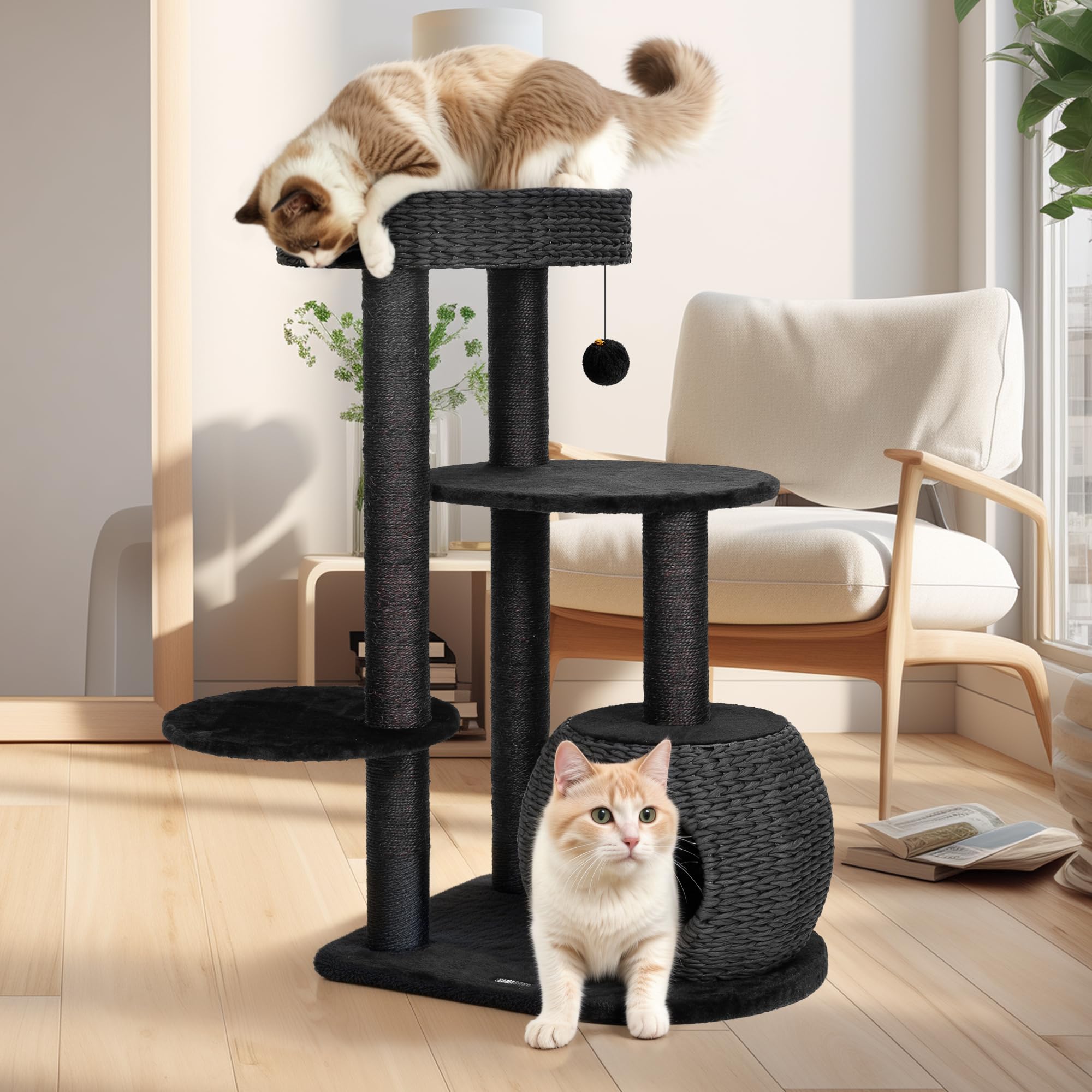 Kamaboko Gothic Cat Tree, 53    Black Cat Tower For Indoor Cats With Sisal Scratching Posts, Spacious Cat Condo, Self Groomer, B