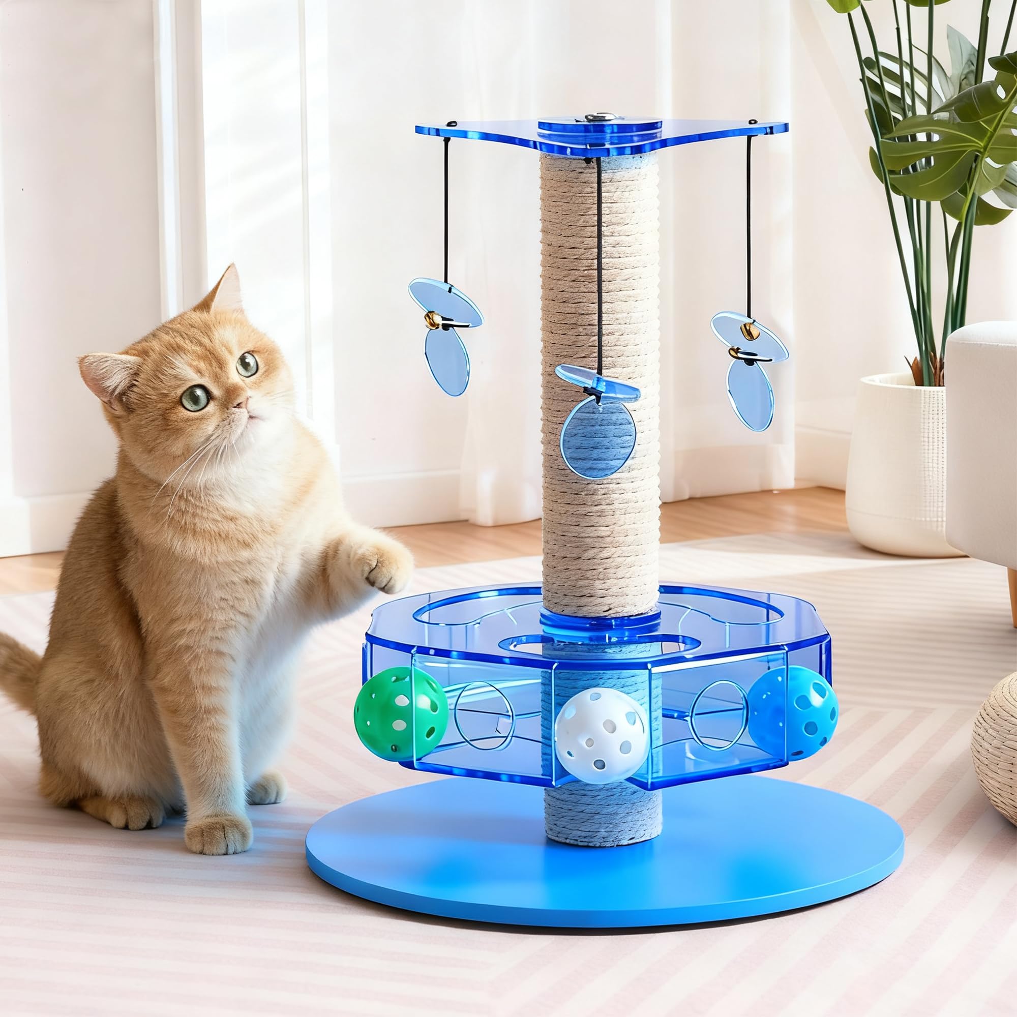 Kicari Modern 3-in-1 Interactive Cat Toy with Scratching Post, Rotating Cat Puzzle Toys for Indoor Cats with Colorful Jingle Bal