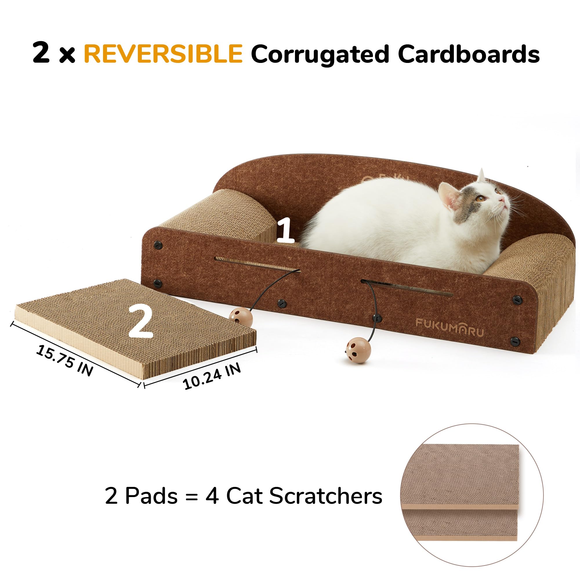 Fukumaru 26 Inch Cat Scratcher Cardboard Lounge Bed, Durable Cat Scratcher Extra Large Lounger, 2 Reversible Cat Scratching Pads