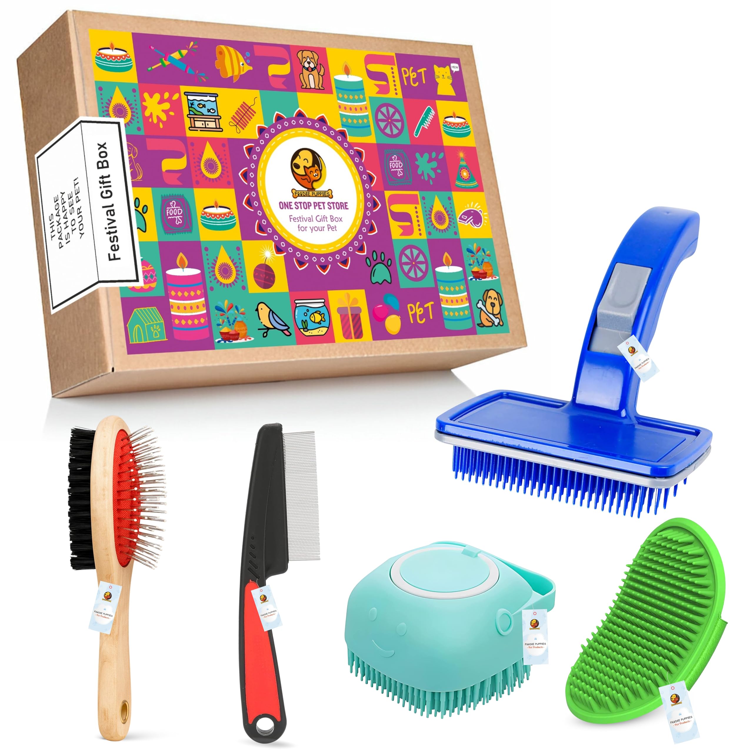 Foodie Puppies 5 In 1 Pet Grooming Festival Gift Box For Dogs & Cats | Combo With Blue Slicker Brush, Flea Comb, Wooden Pin Brus